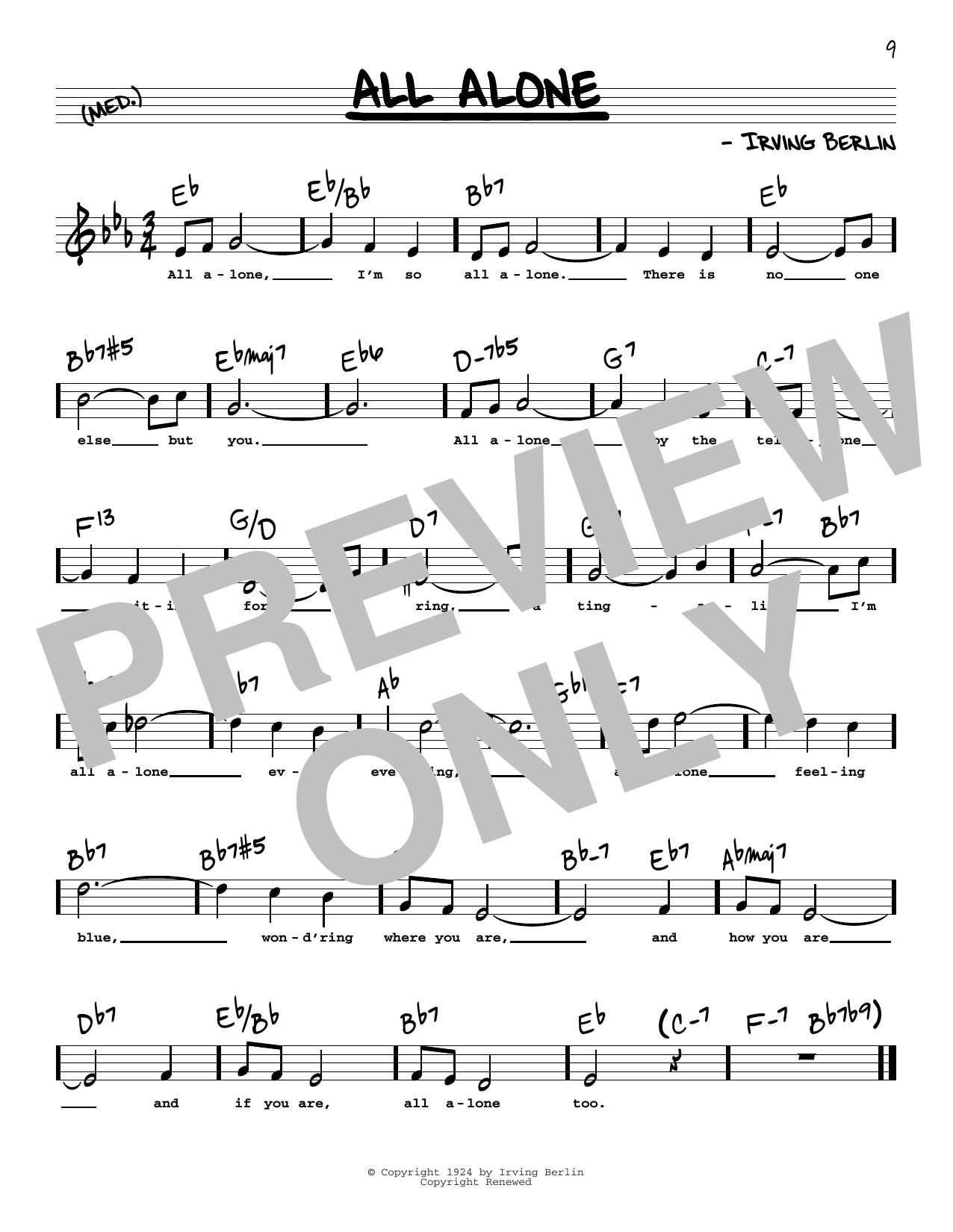 Irving Berlin All Alone (High Voice) sheet music notes and chords arranged for Real Book – Melody, Lyrics & Chords