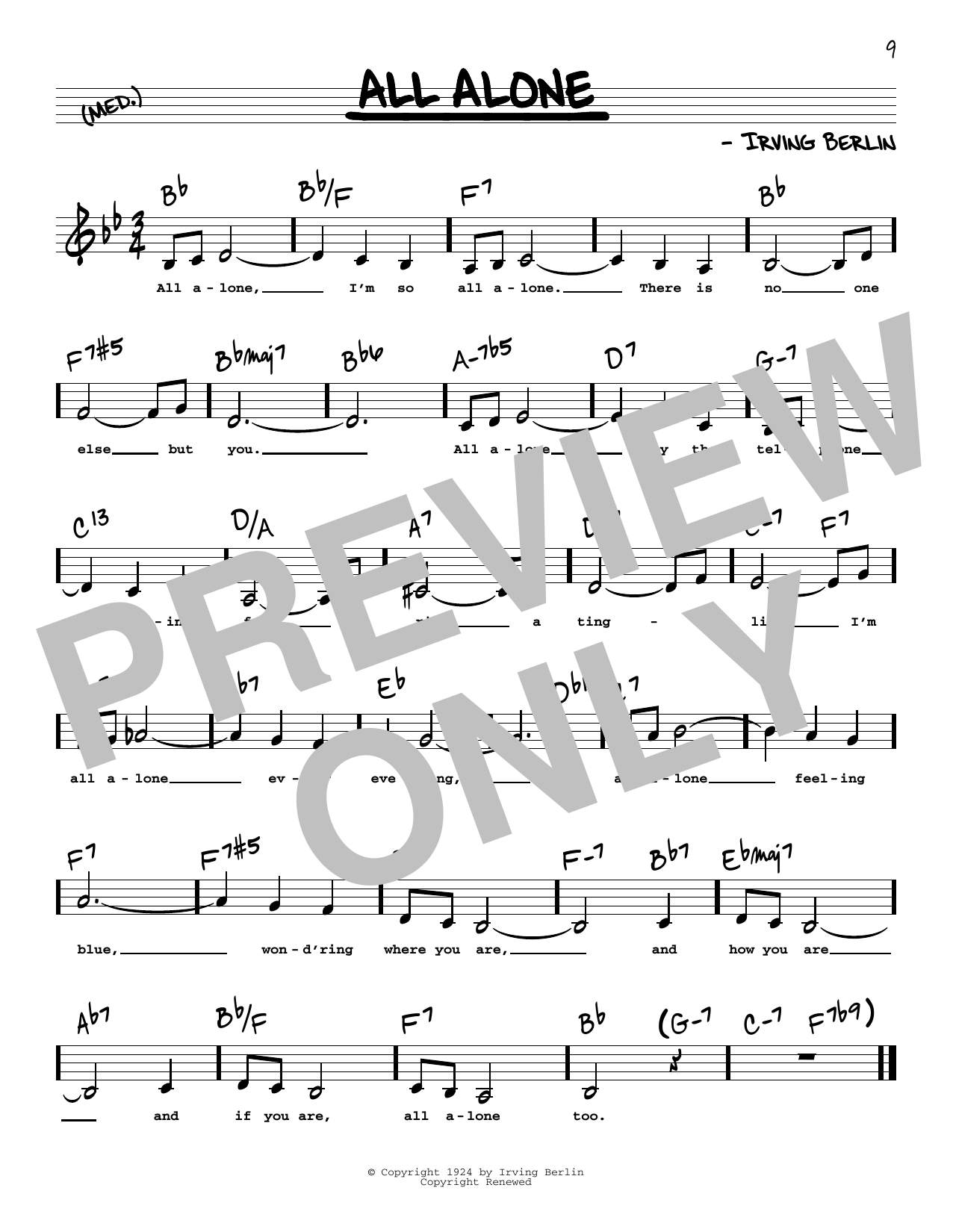 Irving Berlin All Alone (Low Voice) sheet music notes and chords arranged for Real Book – Melody, Lyrics & Chords