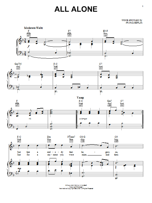 Irving Berlin All Alone sheet music notes and chords arranged for Piano, Vocal & Guitar Chords (Right-Hand Melody)