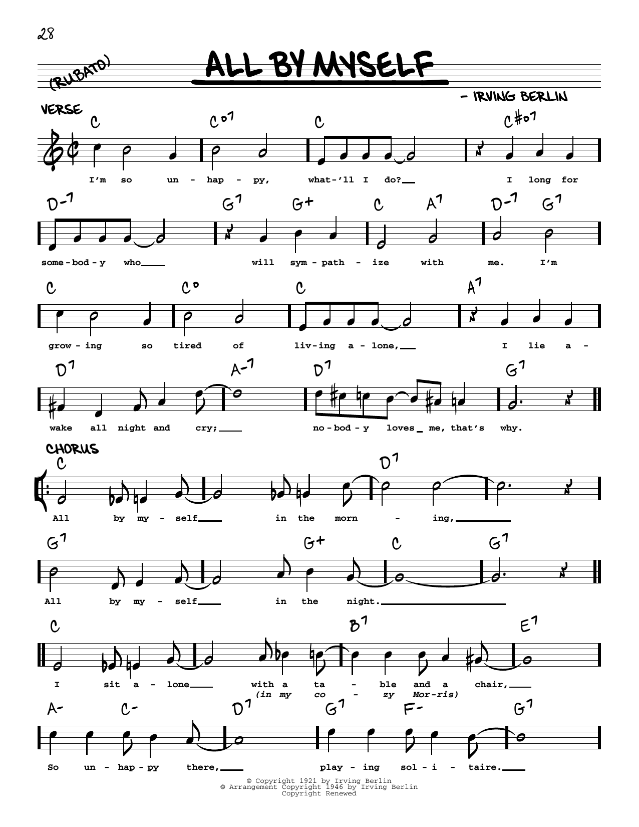 Irving Berlin All By Myself (arr. Robert Rawlins) sheet music notes and chords arranged for Real Book – Melody, Lyrics & Chords