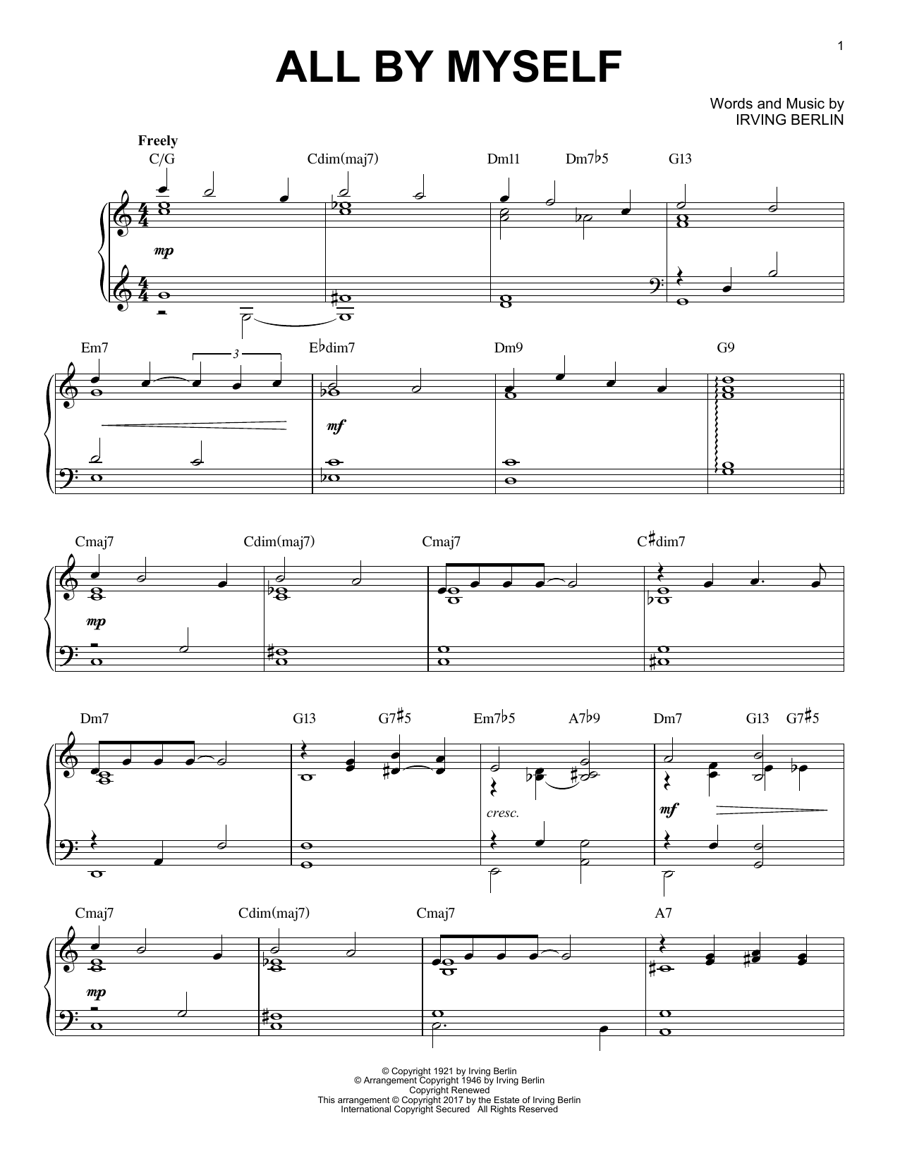 Irving Berlin All By Myself [Jazz version] sheet music notes and chords arranged for Piano Solo