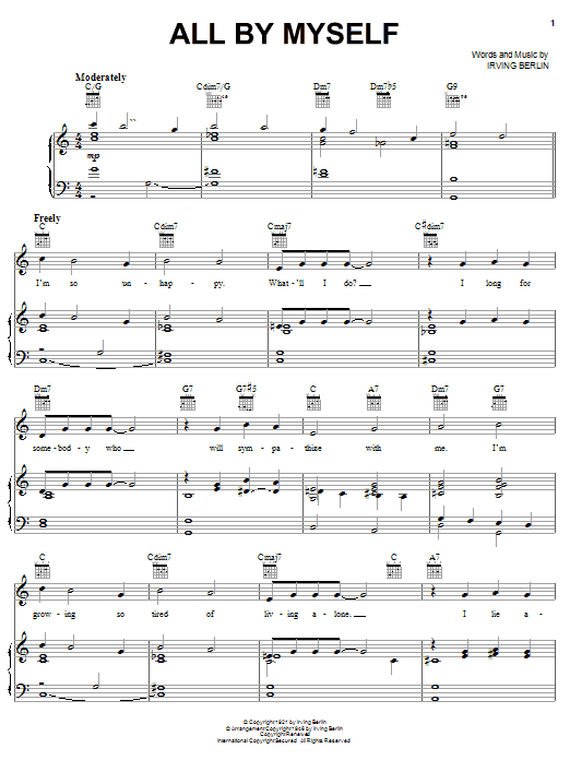 Irving Berlin All By Myself sheet music notes and chords arranged for Piano, Vocal & Guitar Chords (Right-Hand Melody)