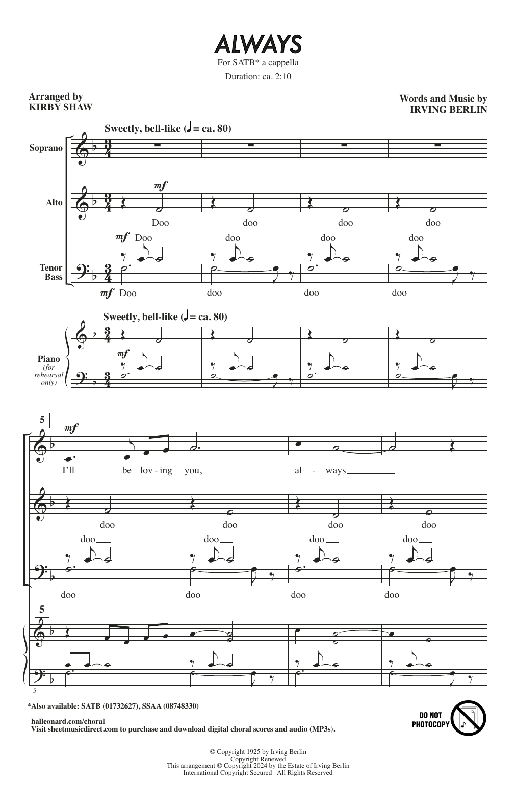 Irving Berlin Always (arr. Kirby Shaw) sheet music notes and chords arranged for SATB Choir