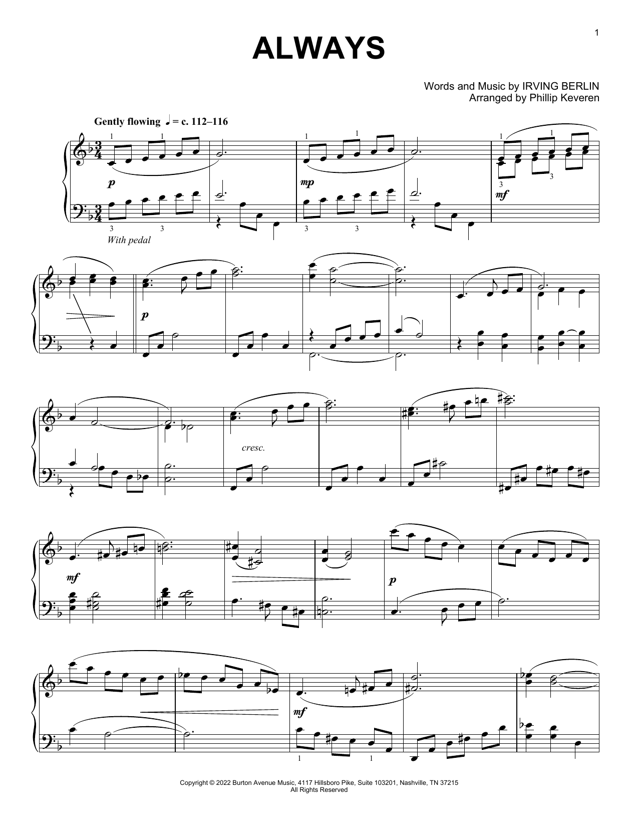 Irving Berlin Always (arr. Phillip Keveren) sheet music notes and chords arranged for Piano Solo