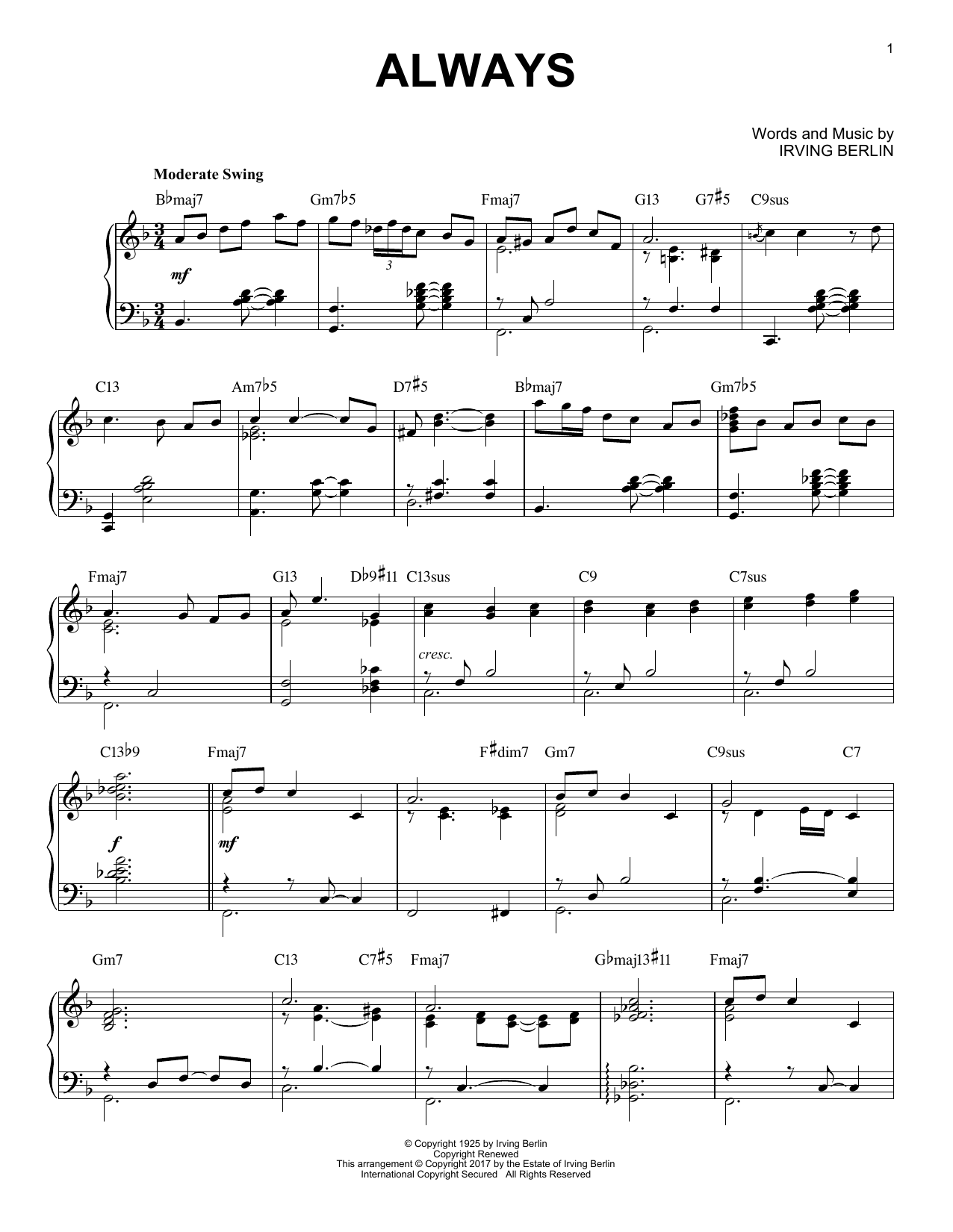 Irving Berlin Always [Jazz version] sheet music notes and chords arranged for Piano Solo