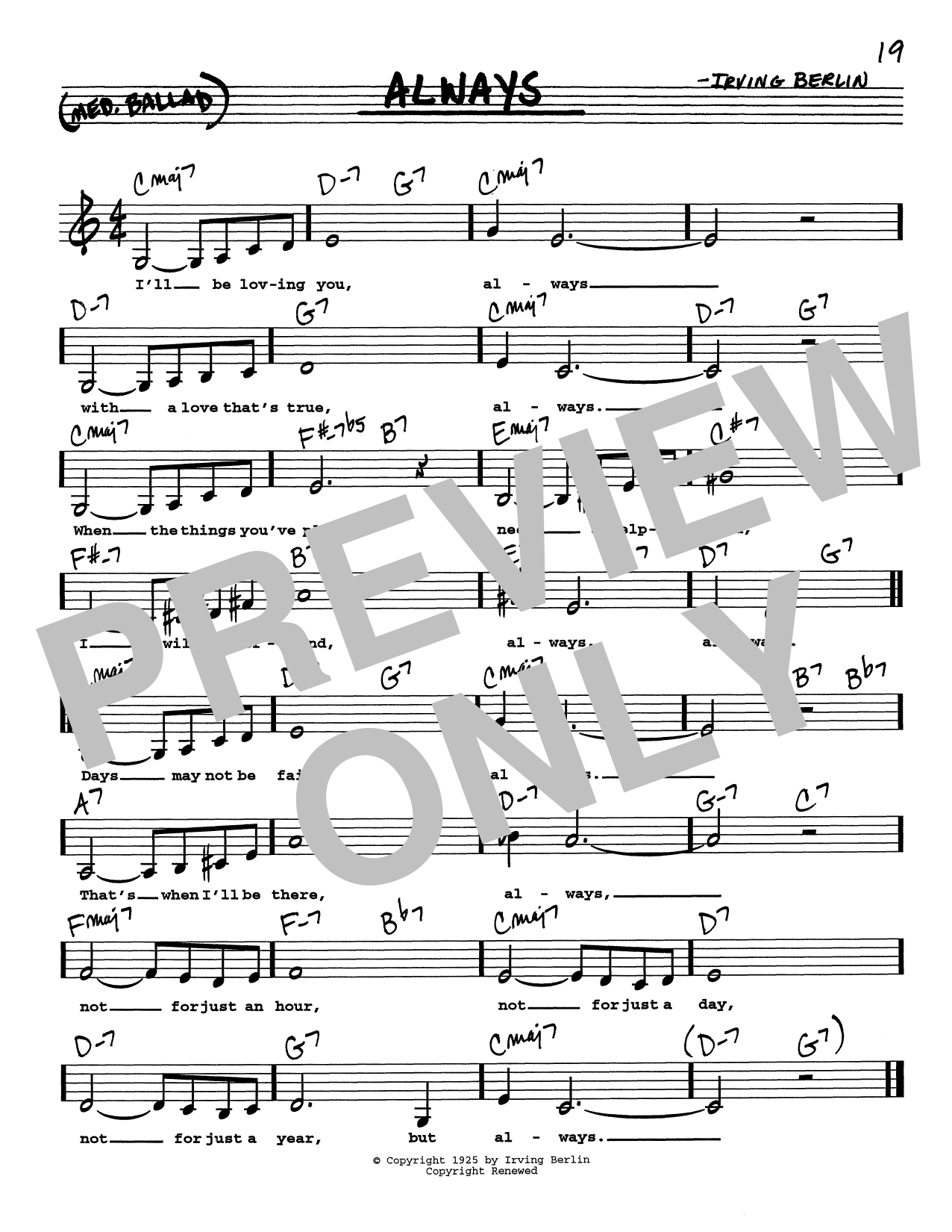 Irving Berlin Always (Low Voice) sheet music notes and chords arranged for Real Book – Melody, Lyrics & Chords