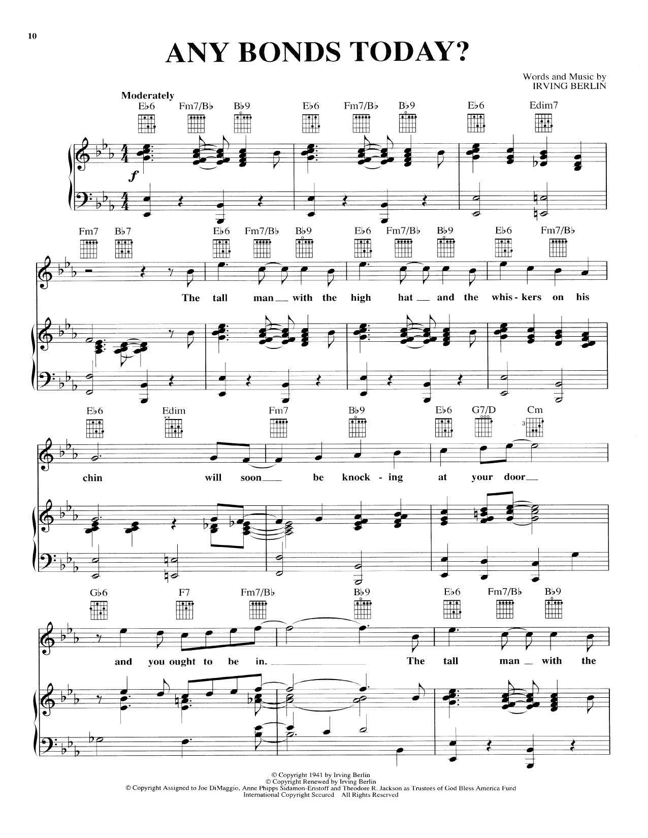 Irving Berlin Any Bonds Today sheet music notes and chords arranged for Piano, Vocal & Guitar Chords (Right-Hand Melody)
