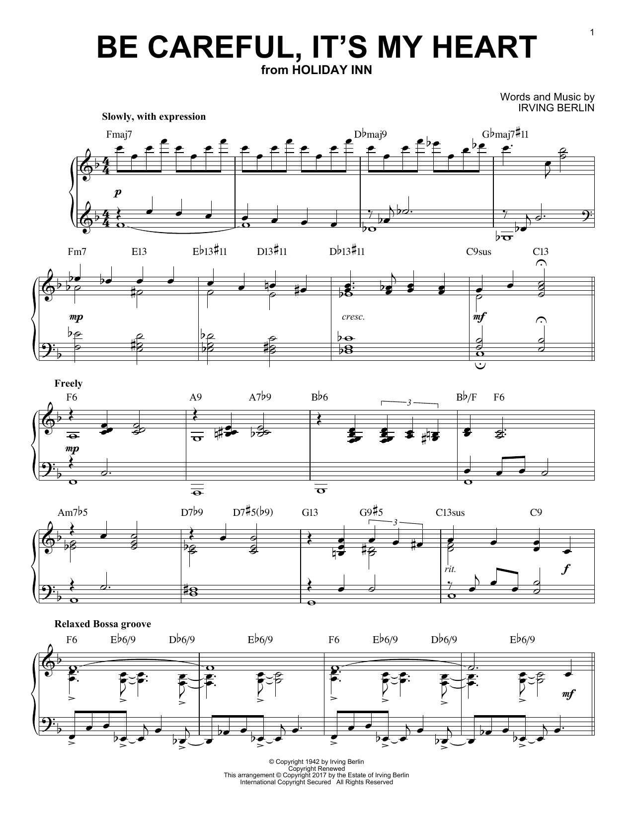 Irving Berlin Be Careful, It's My Heart [Jazz version] sheet music notes and chords arranged for Piano Solo
