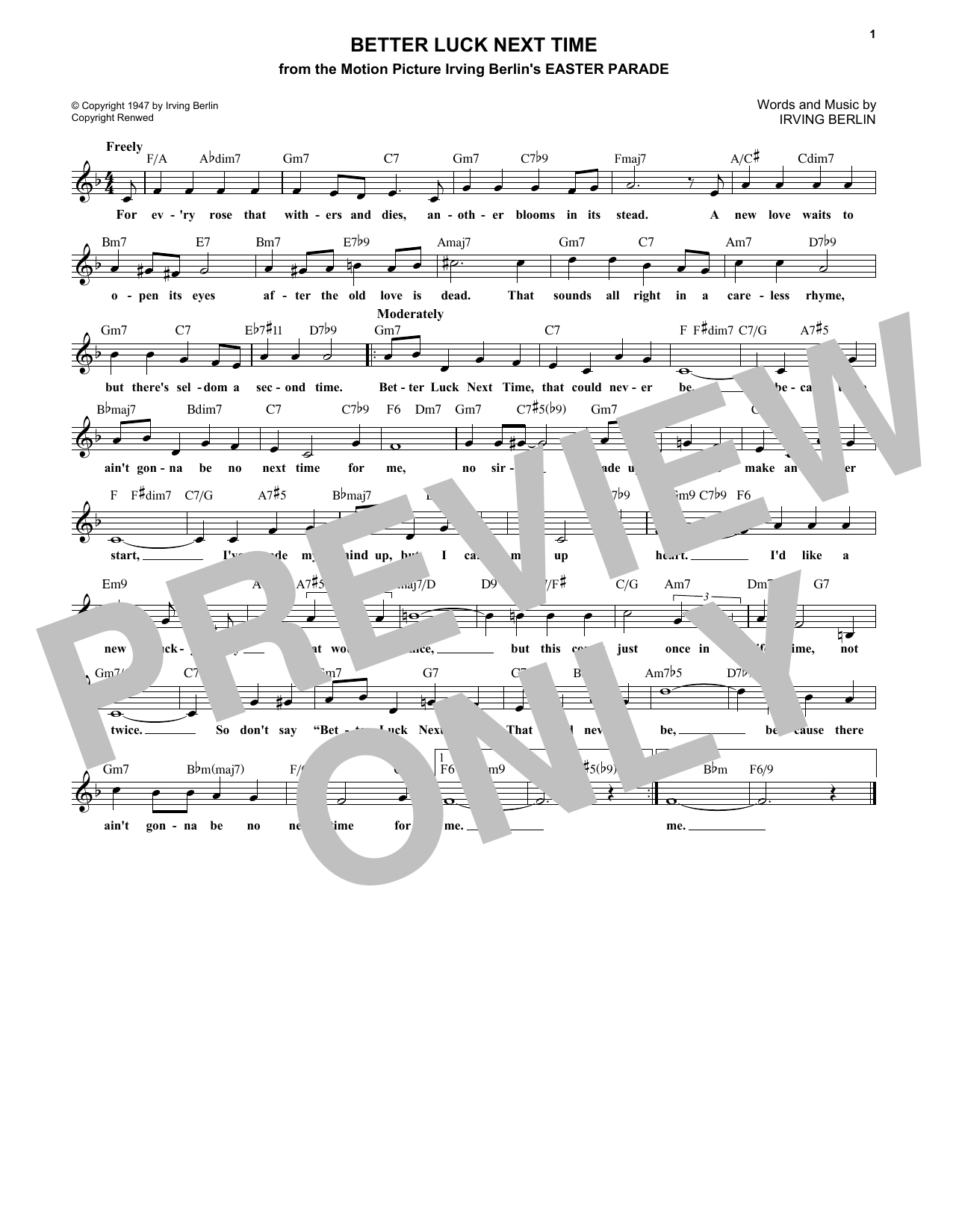 Irving Berlin Better Luck Next Time sheet music notes and chords arranged for Lead Sheet / Fake Book