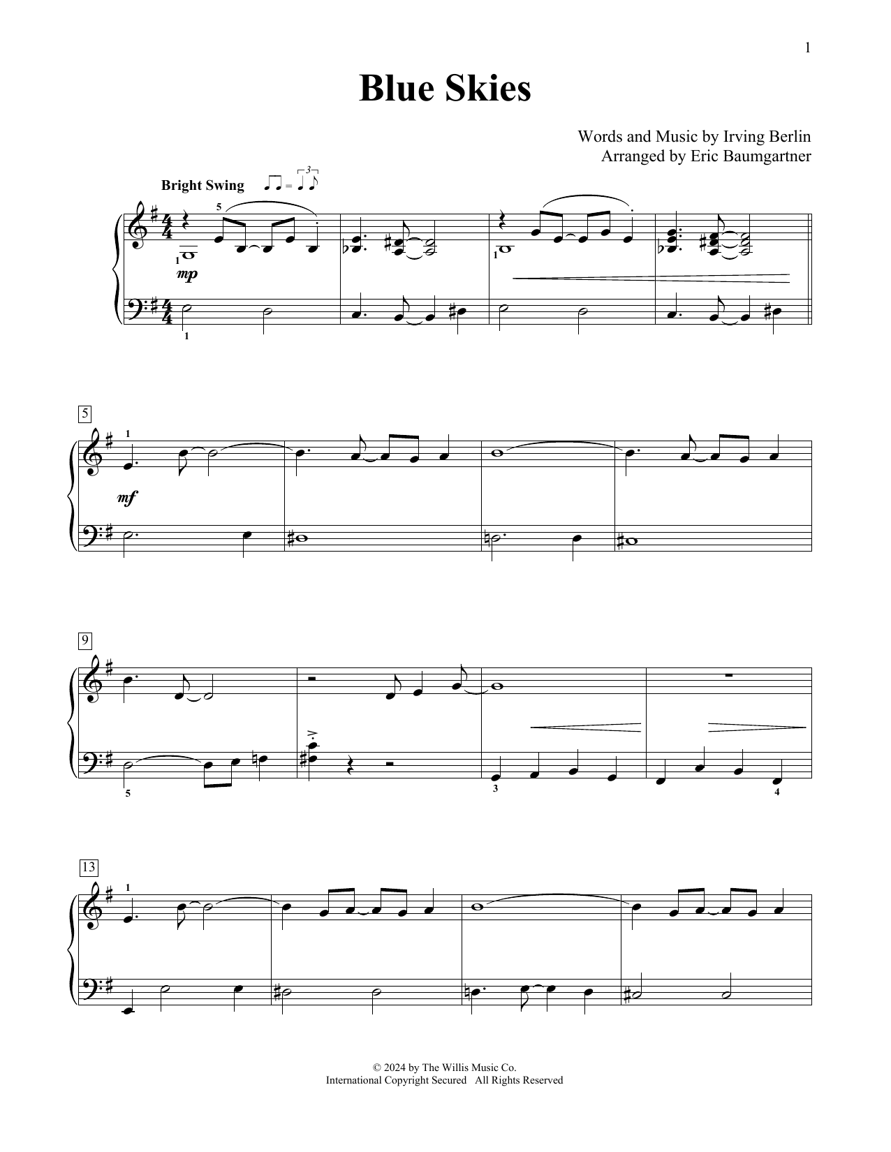 Irving Berlin Blue Skies (arr. Eric Baumgartner) sheet music notes and chords arranged for Educational Piano