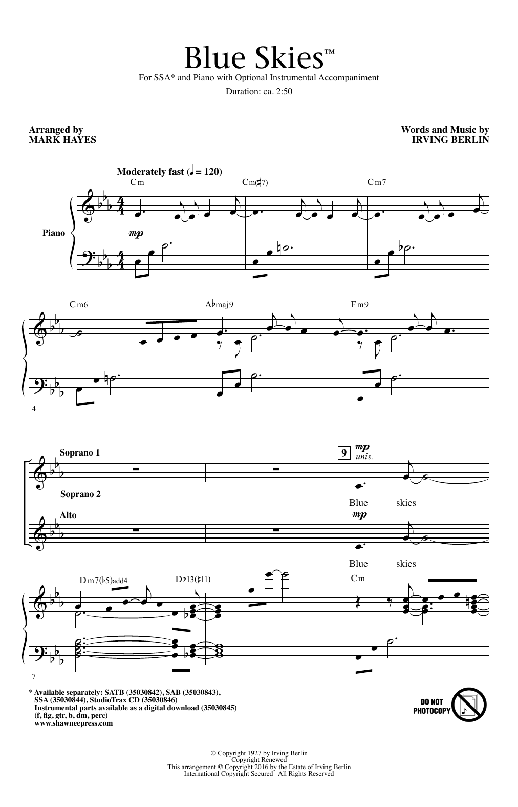 Irving Berlin Blue Skies (arr. Mark Hayes) sheet music notes and chords arranged for SAB Choir