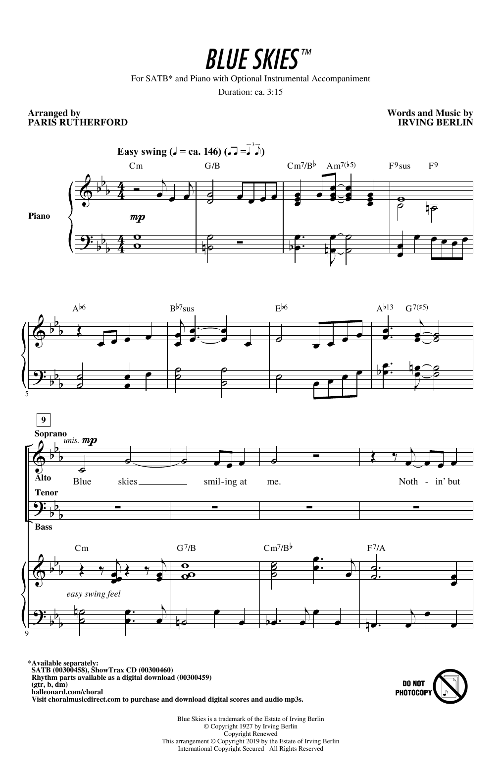 Irving Berlin Blue Skies (arr. Paris Rutherford) sheet music notes and chords arranged for SATB Choir