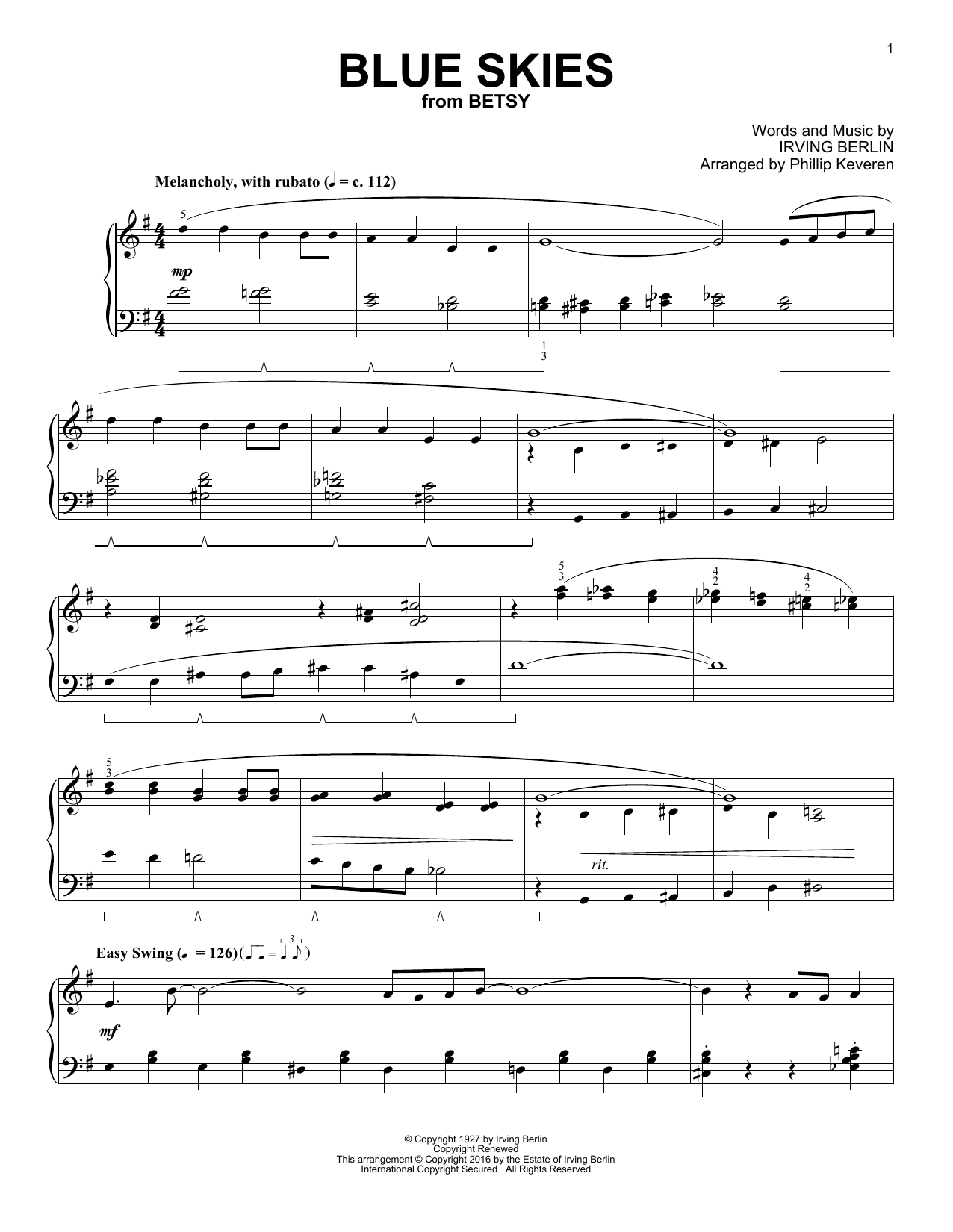 Irving Berlin Blue Skies (arr. Phillip Keveren) sheet music notes and chords arranged for Piano Solo