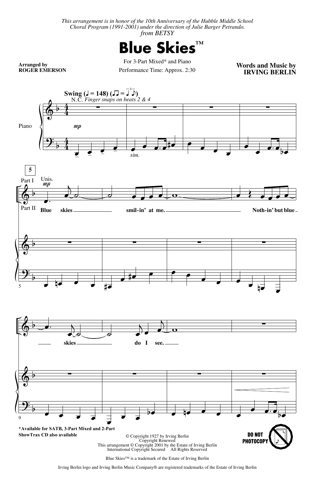 Irving Berlin Blue Skies (arr. Roger Emerson) sheet music notes and chords arranged for 3-Part Mixed Choir