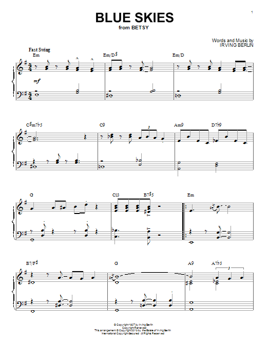 Irving Berlin Blue Skies [Jazz version] (arr. Brent Edstrom) sheet music notes and chords arranged for Piano & Vocal