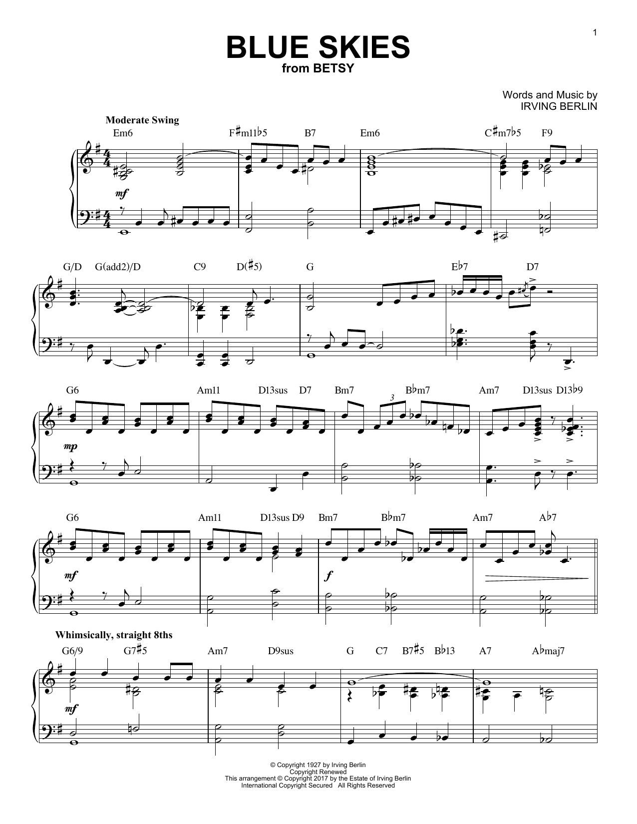 Irving Berlin Blue Skies [Jazz version] sheet music notes and chords arranged for Piano Solo