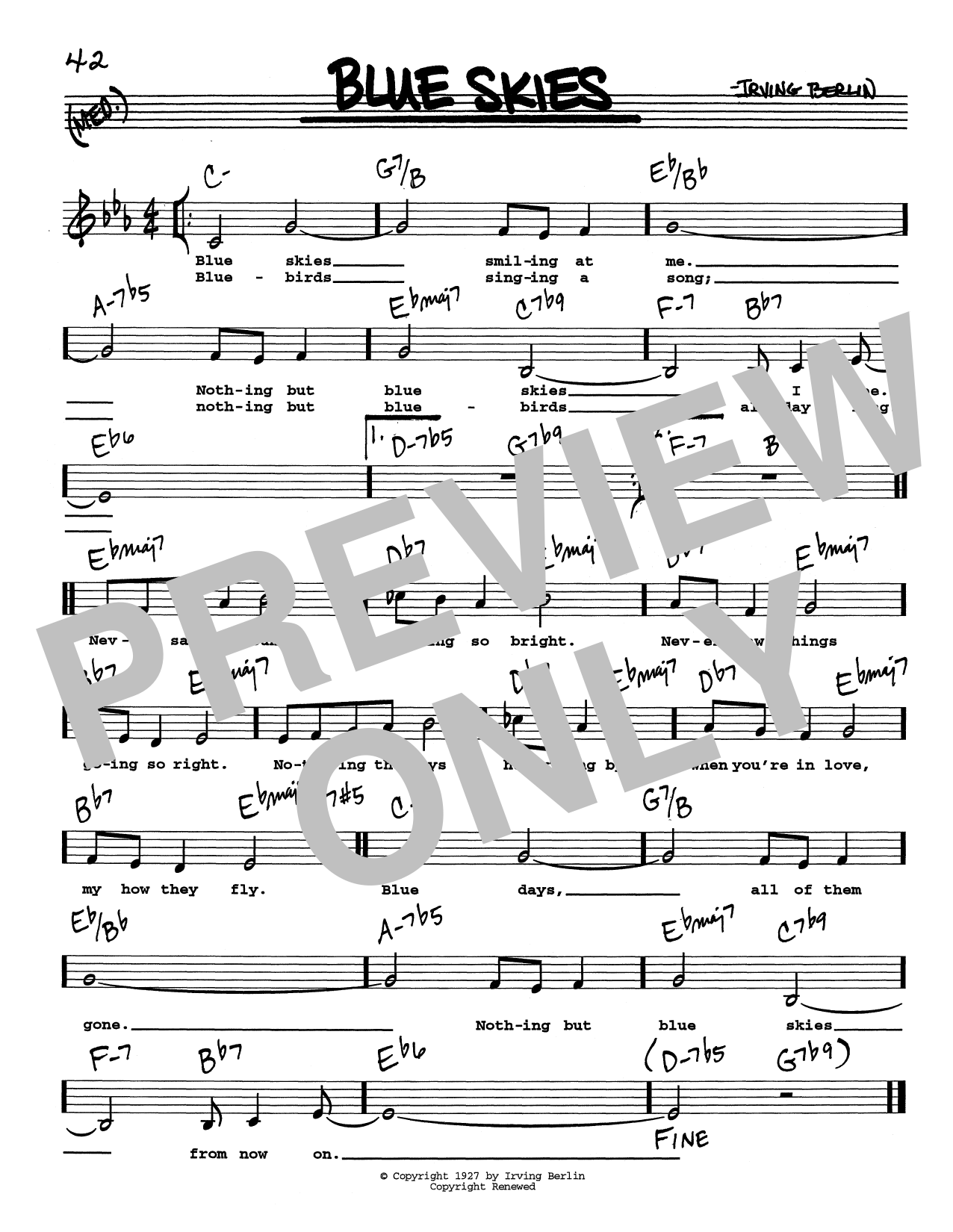 Irving Berlin Blue Skies (Low Voice) sheet music notes and chords arranged for Real Book – Melody, Lyrics & Chords