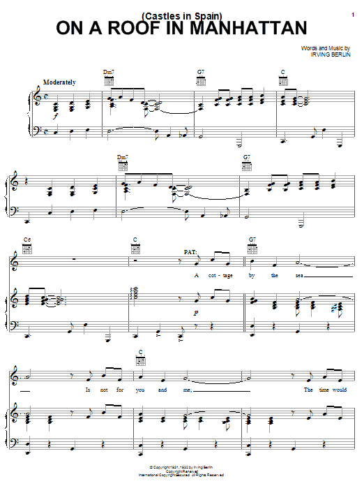 Irving Berlin (Castles In Spain) On A Roof In Manhattan sheet music notes and chords arranged for Piano, Vocal & Guitar Chords (Right-Hand Melody)