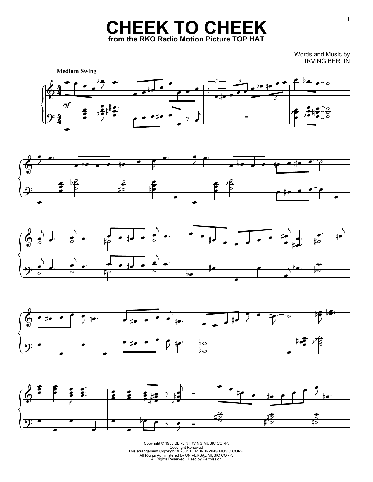 Irving Berlin Cheek To Cheek (arr. Al Lerner) sheet music notes and chords arranged for Piano Solo