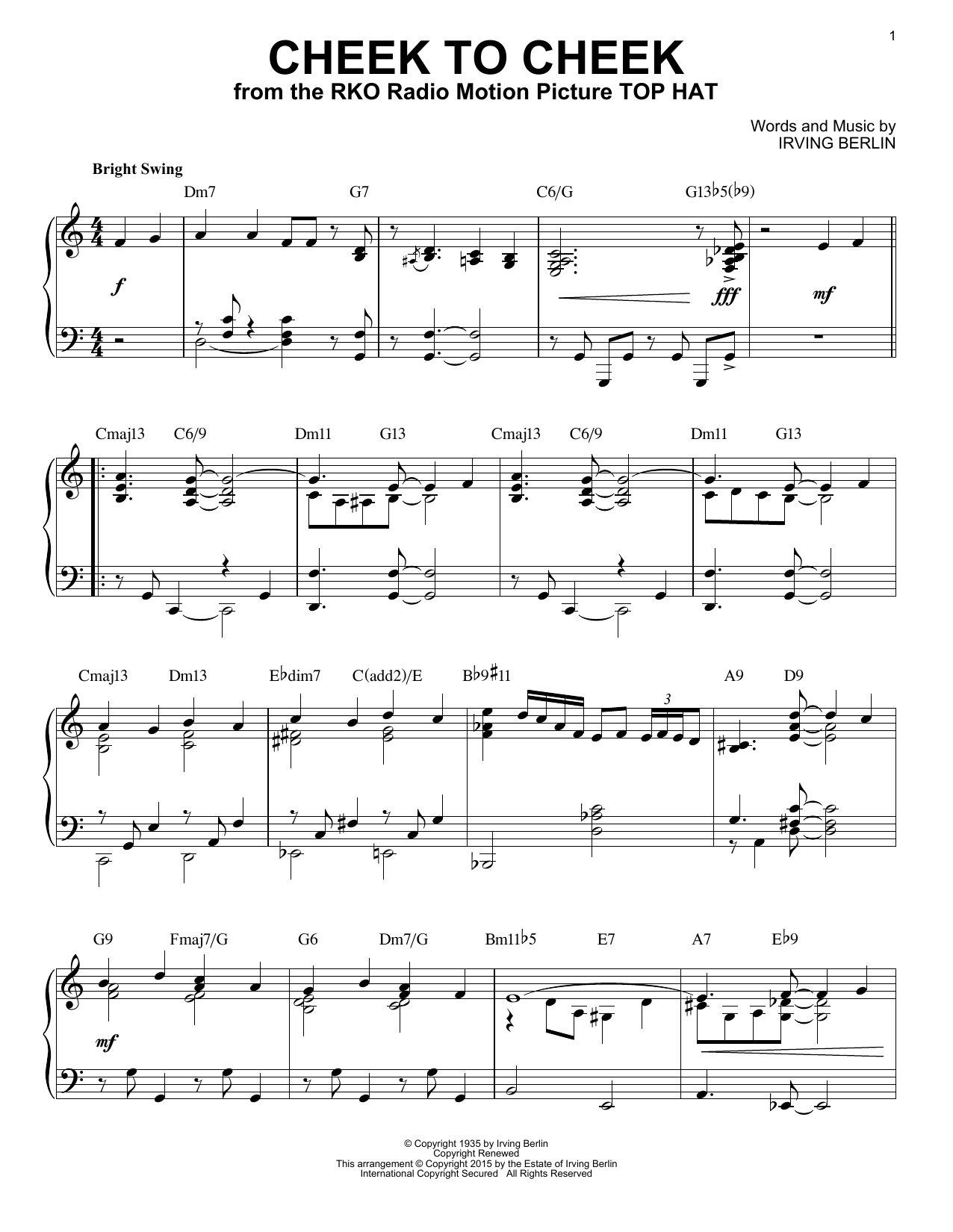 Irving Berlin Cheek To Cheek [Jazz version] (arr. Brent Edstrom) sheet music notes and chords arranged for Piano Solo