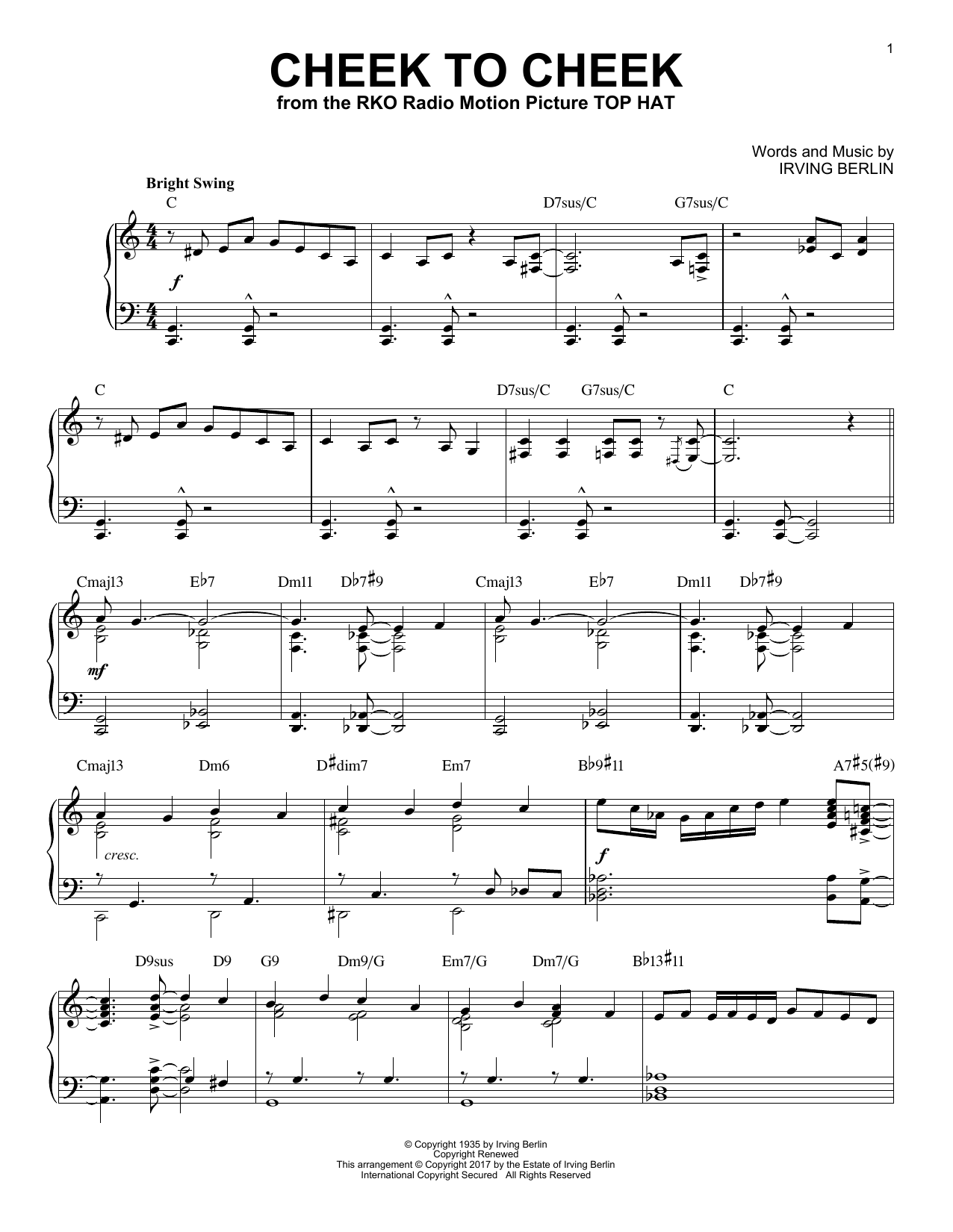 Irving Berlin Cheek To Cheek [Jazz version] sheet music notes and chords arranged for Piano Solo