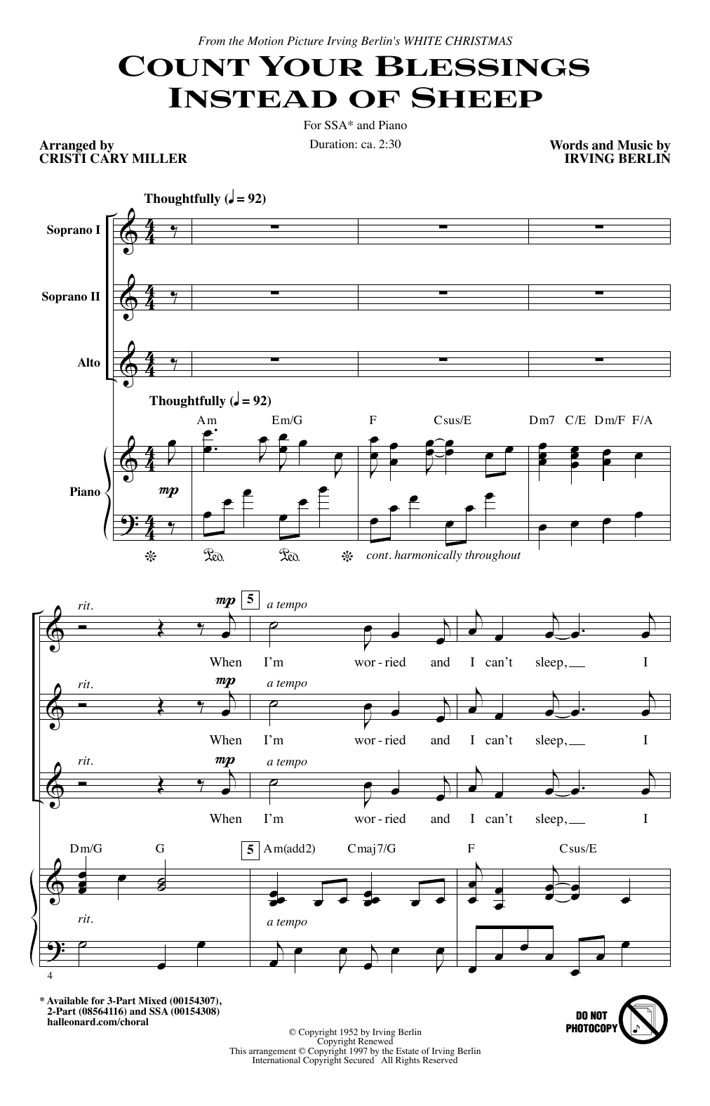 Irving Berlin Count Your Blessings Instead Of Sheep (arr. Cristi Cary Miller) sheet music notes and chords arranged for SSA Choir