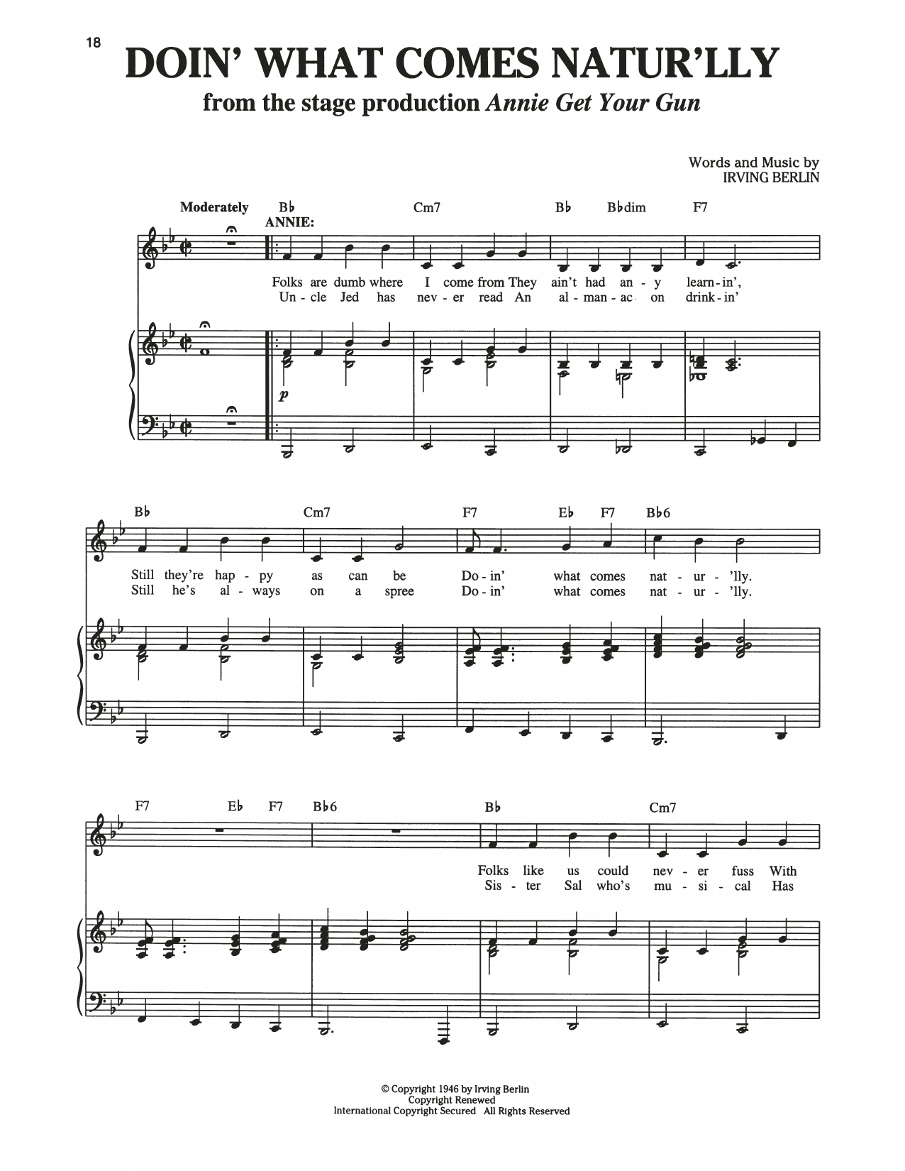 Irving Berlin Doin' What Comes Natur'lly (from Annie Get Your Gun) sheet music notes and chords arranged for Piano & Vocal