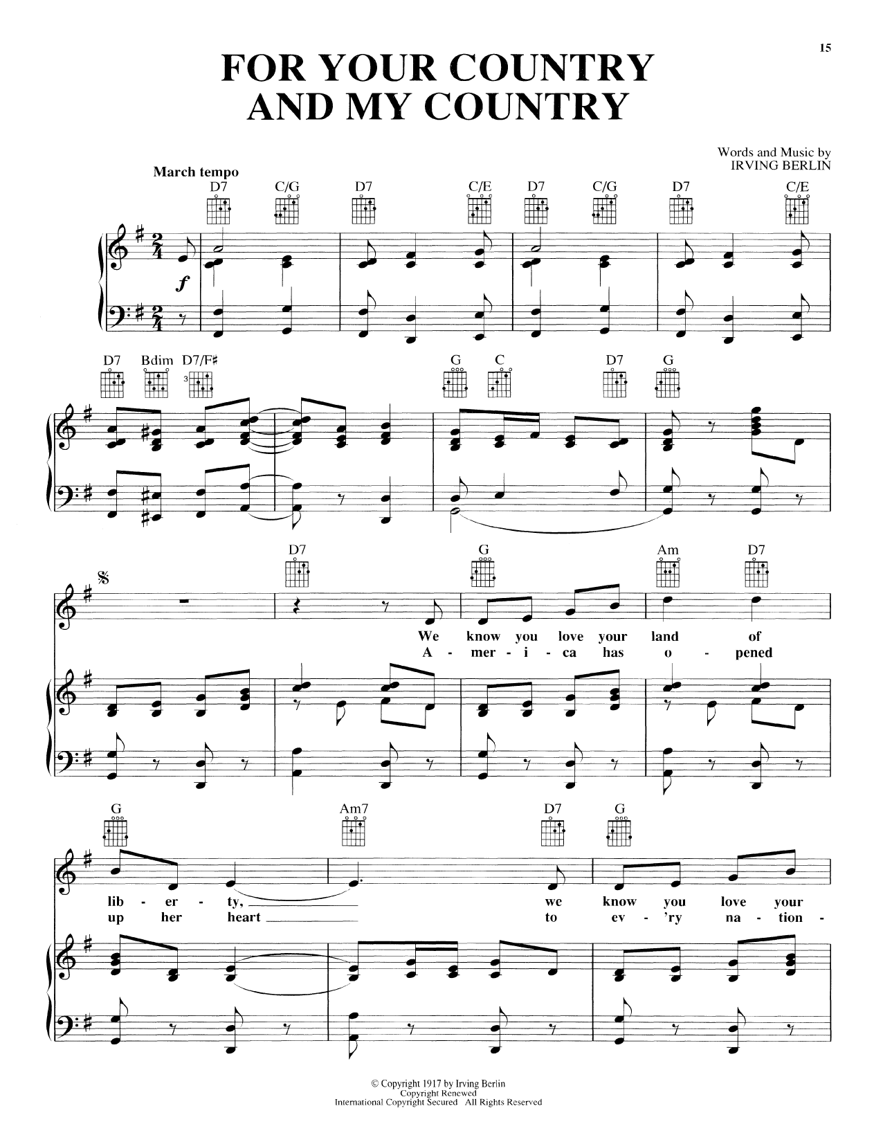 Irving Berlin For Your Country And My Country sheet music notes and chords arranged for Piano, Vocal & Guitar Chords (Right-Hand Melody)
