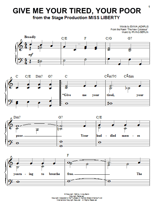 Irving Berlin Give Me Your Tired, Your Poor sheet music notes and chords arranged for Easy Piano