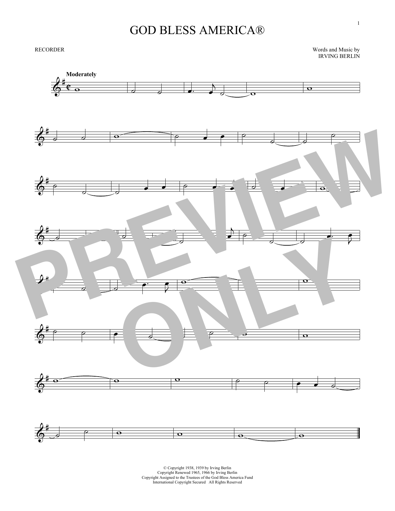 Irving Berlin God Bless America ® sheet music notes and chords arranged for Recorder Solo