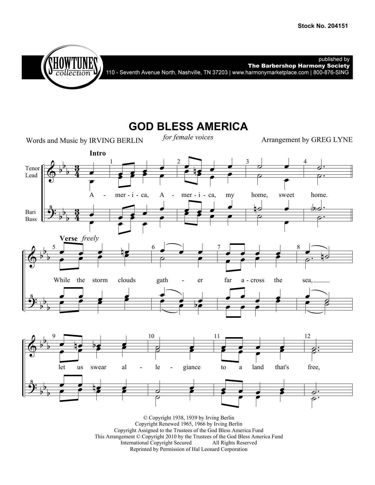 Irving Berlin God Bless America (arr. Greg Lyne) sheet music notes and chords arranged for SSAA Choir