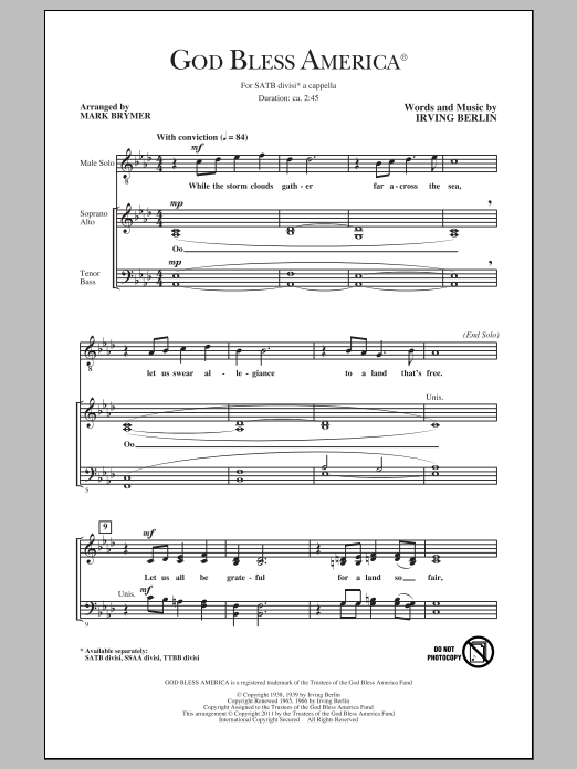 Irving Berlin God Bless America (arr. Mark Brymer) sheet music notes and chords arranged for TTBB Choir