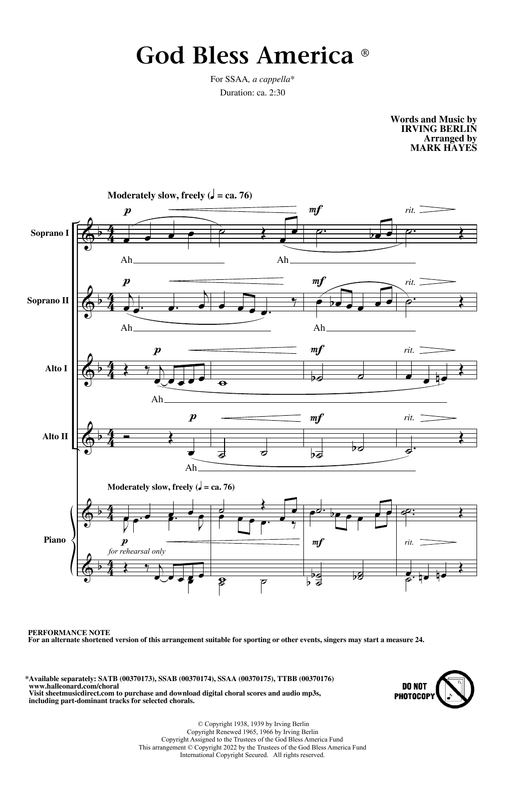 Irving Berlin God Bless America (arr. Mark Hayes) sheet music notes and chords arranged for SSAB Choir