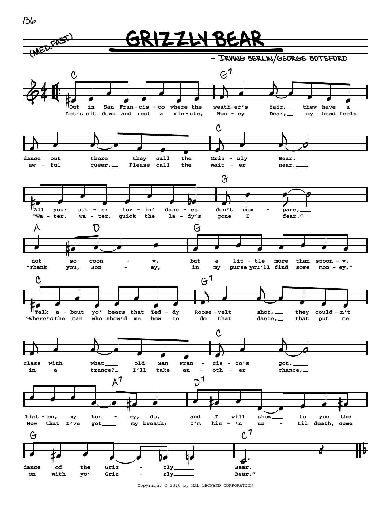 Irving Berlin Grizzly Bear (arr. Robert Rawlins) sheet music notes and chords arranged for Real Book – Melody, Lyrics & Chords