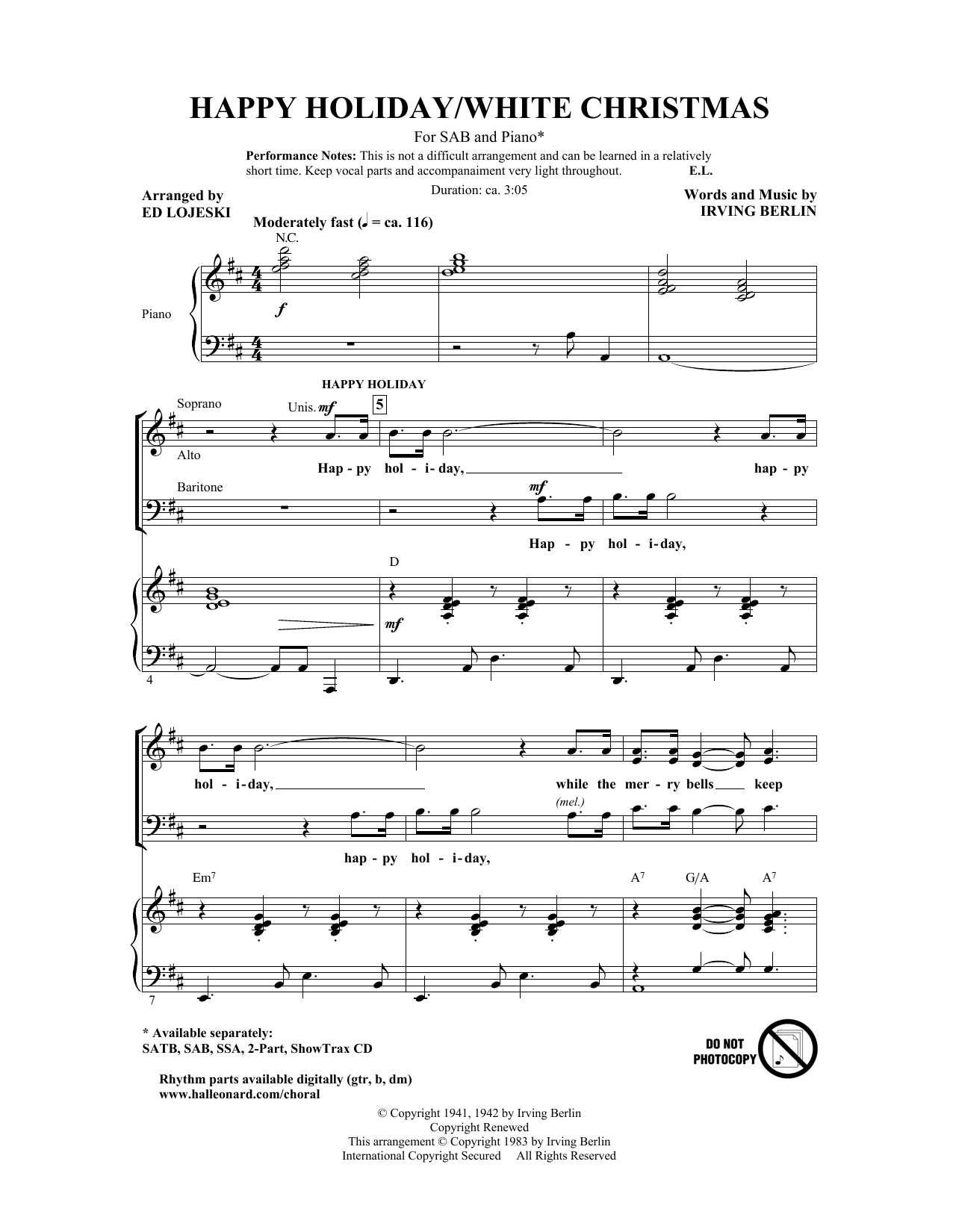 Irving Berlin Happy Holiday (arr. Ed Lojeski) sheet music notes and chords arranged for SSA Choir