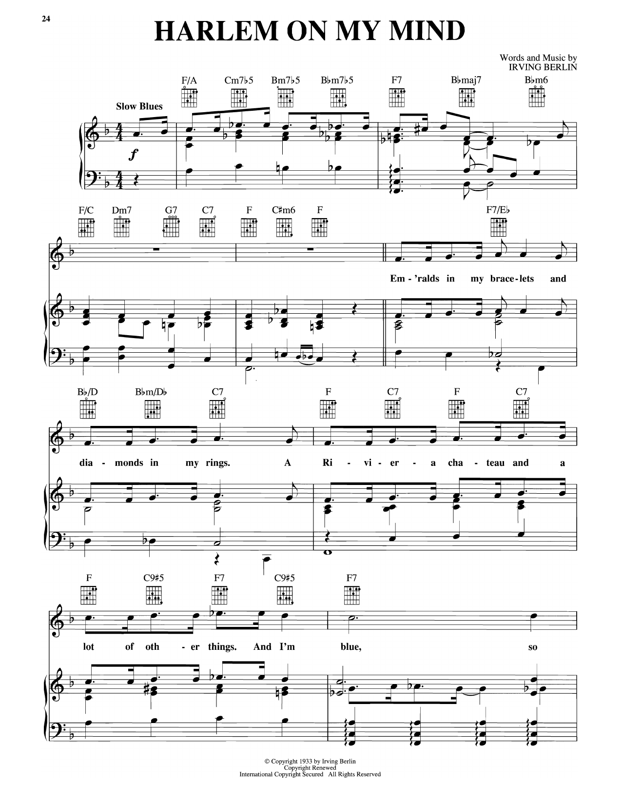 Irving Berlin Harlem On My Mind (from As Thousands Cheer) sheet music notes and chords arranged for Piano, Vocal & Guitar Chords (Right-Hand Melody)