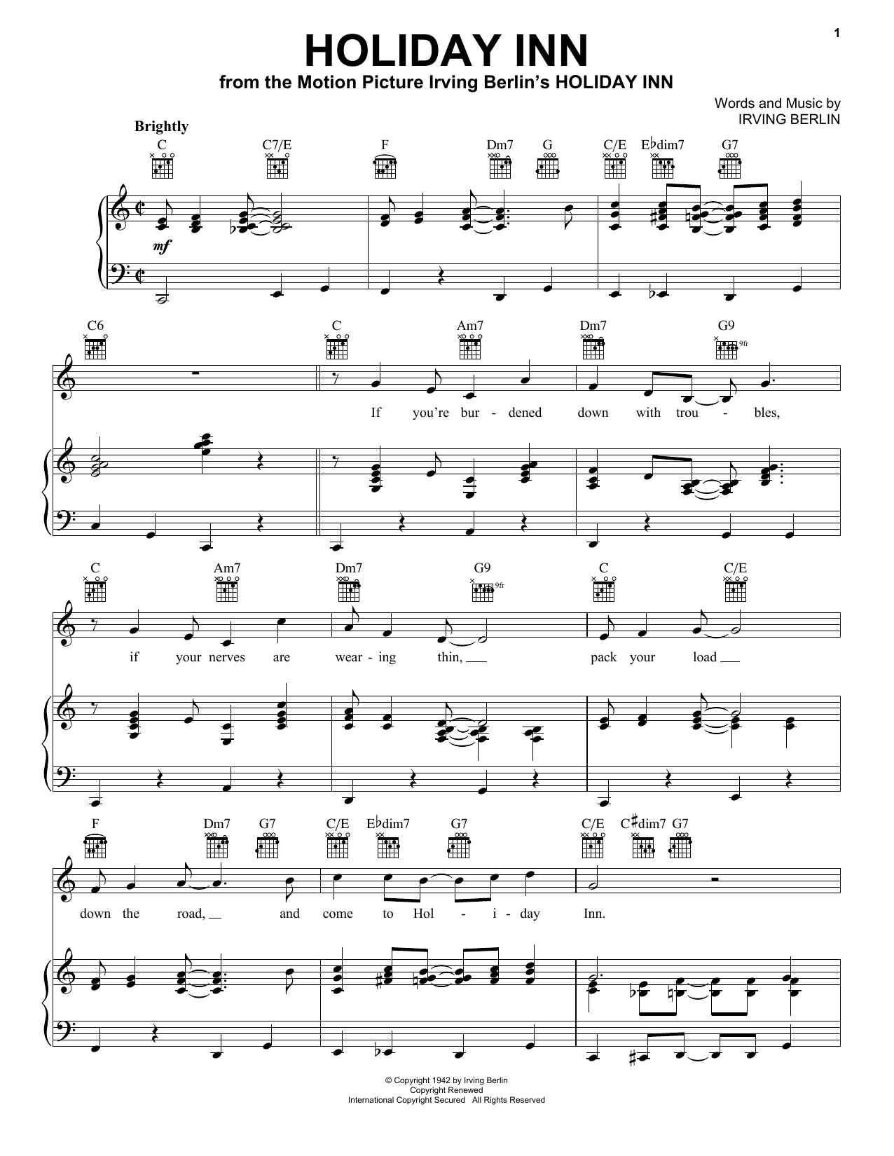 Irving Berlin Holiday Inn sheet music notes and chords arranged for Piano, Vocal & Guitar Chords (Right-Hand Melody)