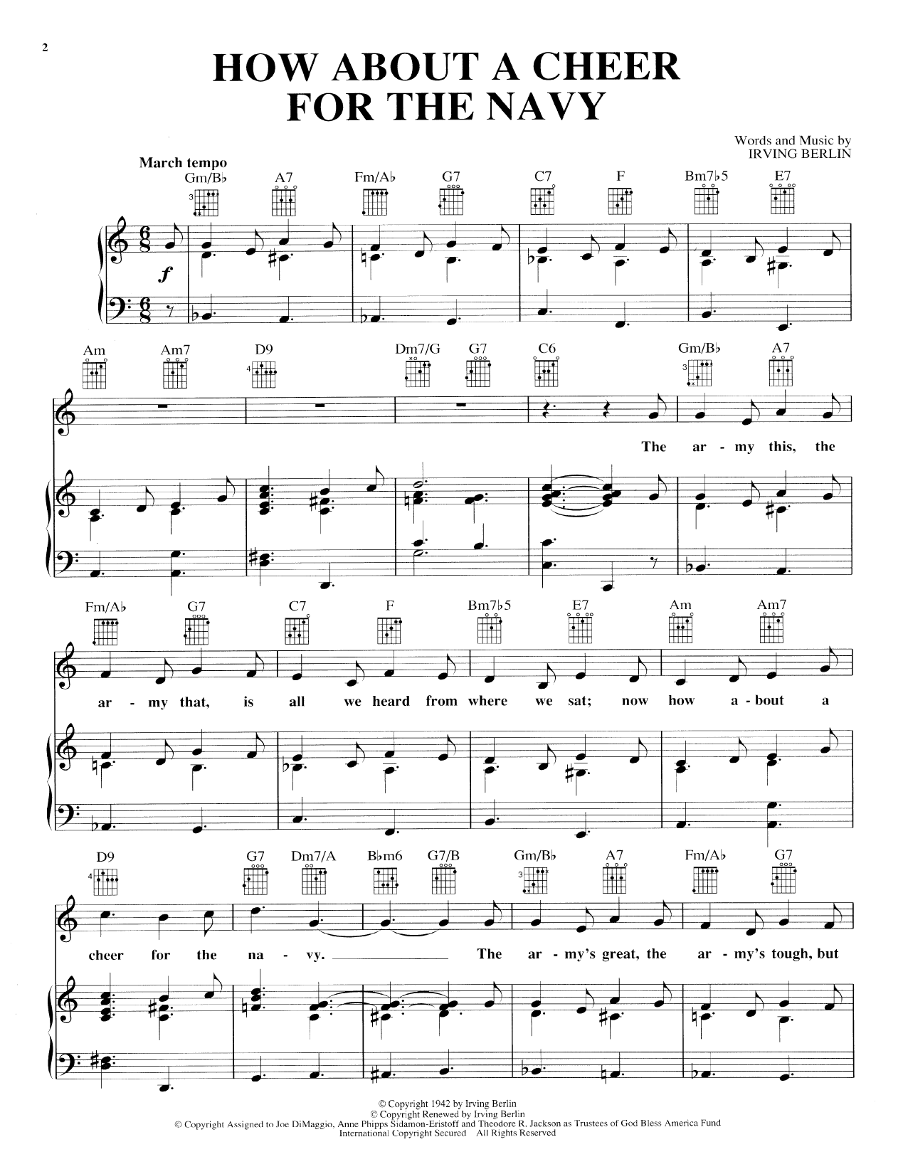 Irving Berlin How About A Cheer For The Navy sheet music notes and chords arranged for Piano, Vocal & Guitar Chords (Right-Hand Melody)