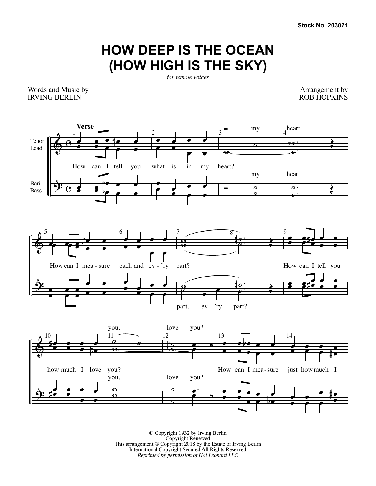 Irving Berlin How Deep Is The Ocean (How High Is the Sky) (arr. Rob Hopkins) sheet music notes and chords arranged for SSAA Choir