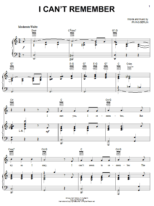 Irving Berlin I Can't Remember sheet music notes and chords arranged for Piano, Vocal & Guitar Chords (Right-Hand Melody)