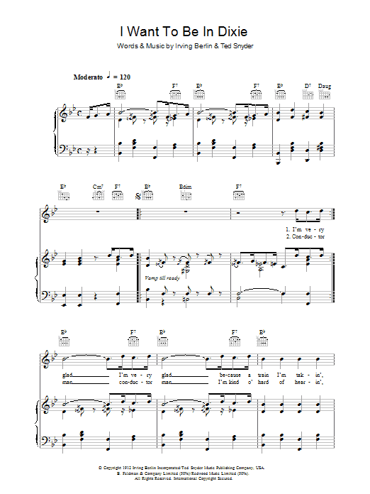Irving Berlin I Want To Be In Dixie sheet music notes and chords arranged for Piano, Vocal & Guitar Chords