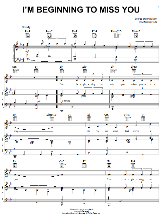 Irving Berlin I'm Beginning To Miss You sheet music notes and chords arranged for Piano, Vocal & Guitar Chords (Right-Hand Melody)
