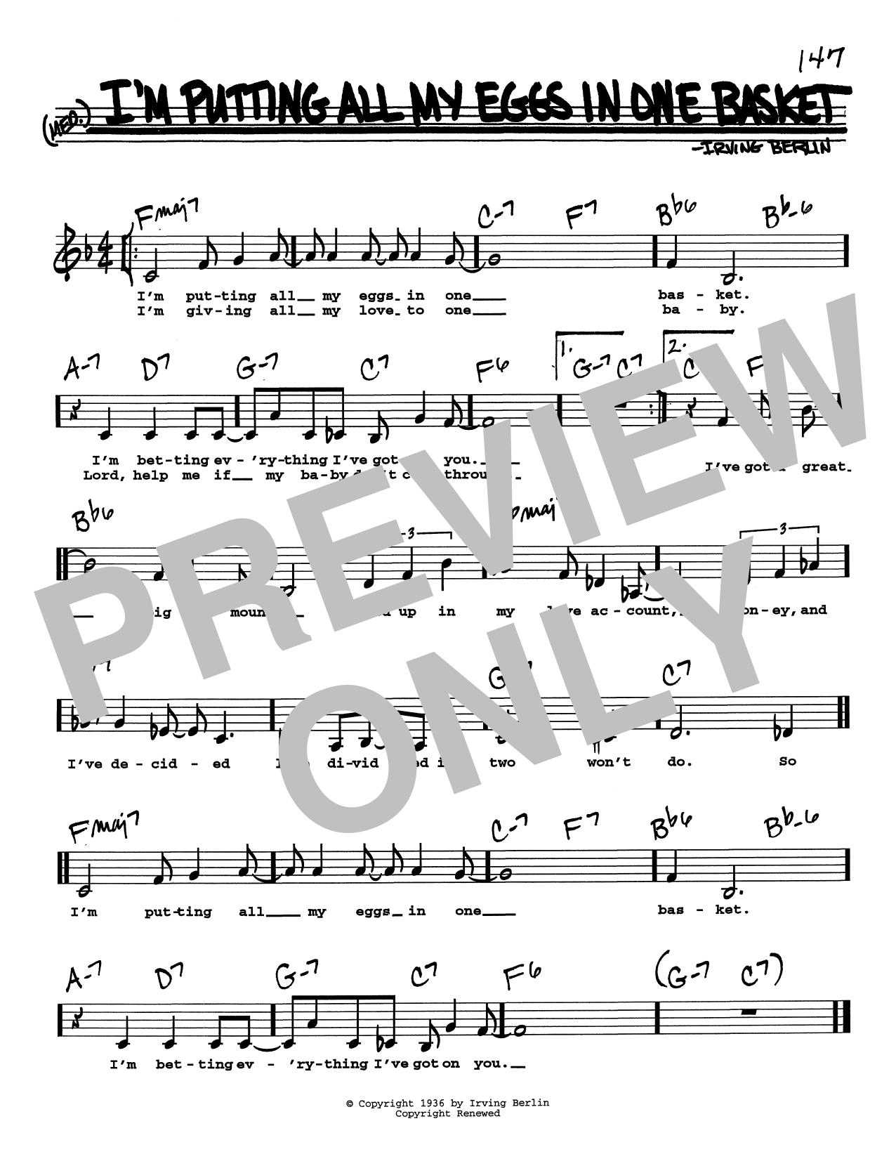 Irving Berlin I'm Putting All My Eggs In One Basket (Low Voice) sheet music notes and chords arranged for Real Book – Melody, Lyrics & Chords