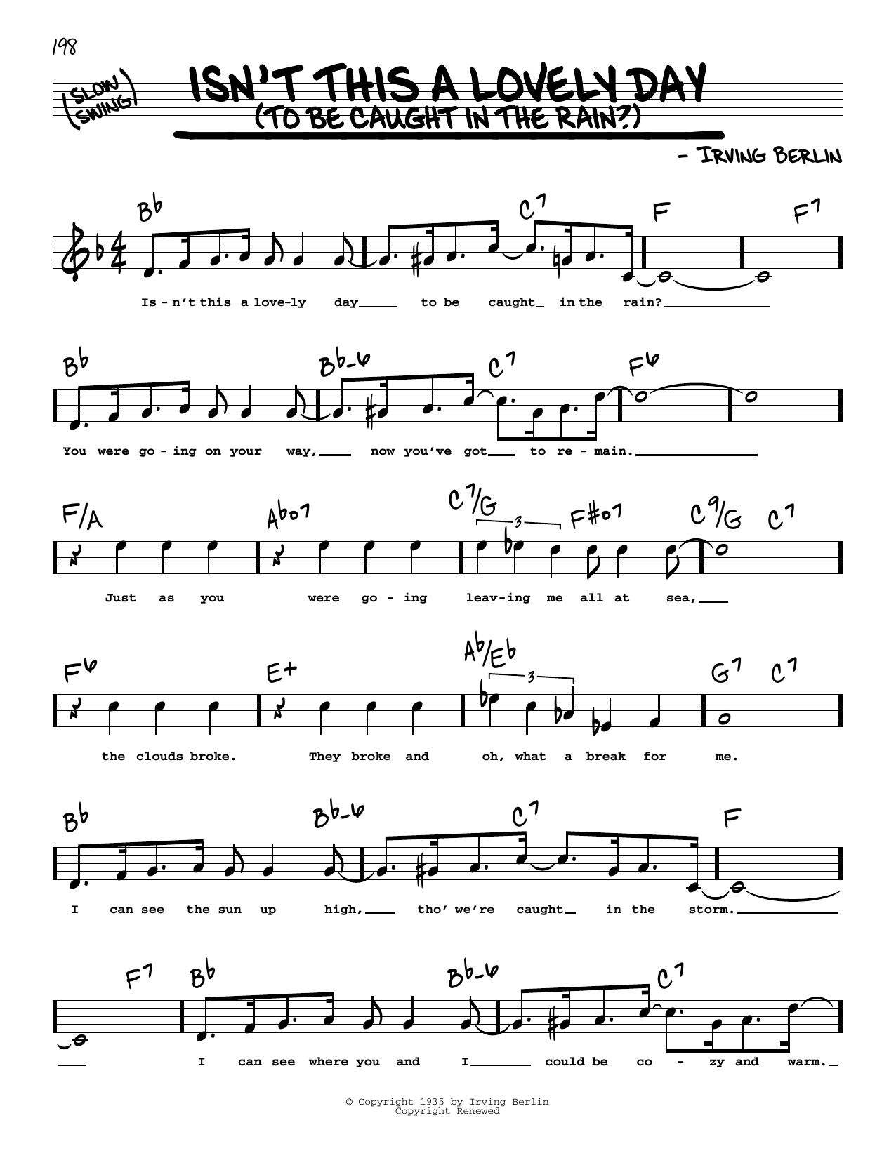 Irving Berlin Isn't This A Lovely Day (To Be Caught In The Rain?) (High Voice) (from Top Hat) sheet music notes and chords arranged for Real Book – Melody, Lyrics & Chords