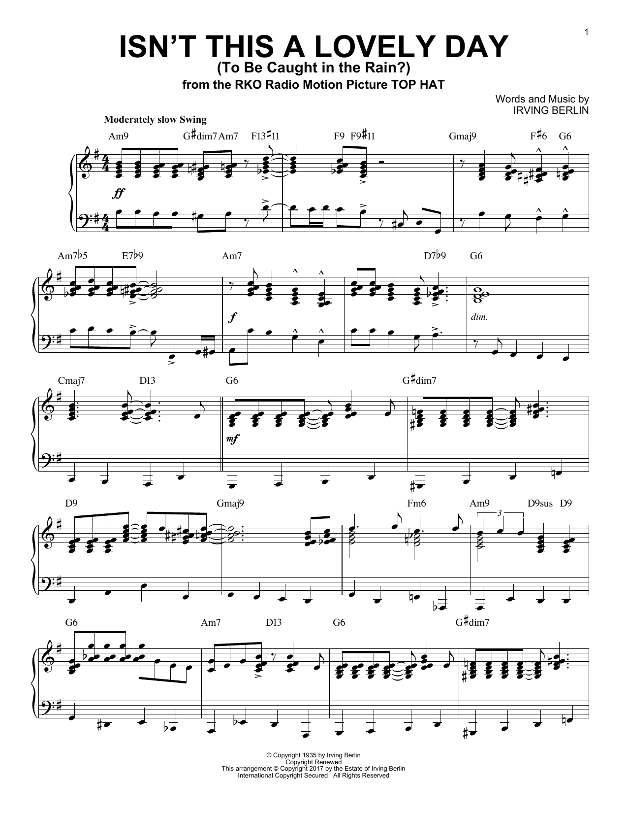Irving Berlin Isn't This A Lovely Day (To Be Caught In The Rain?) [Jazz version] sheet music notes and chords arranged for Piano Solo