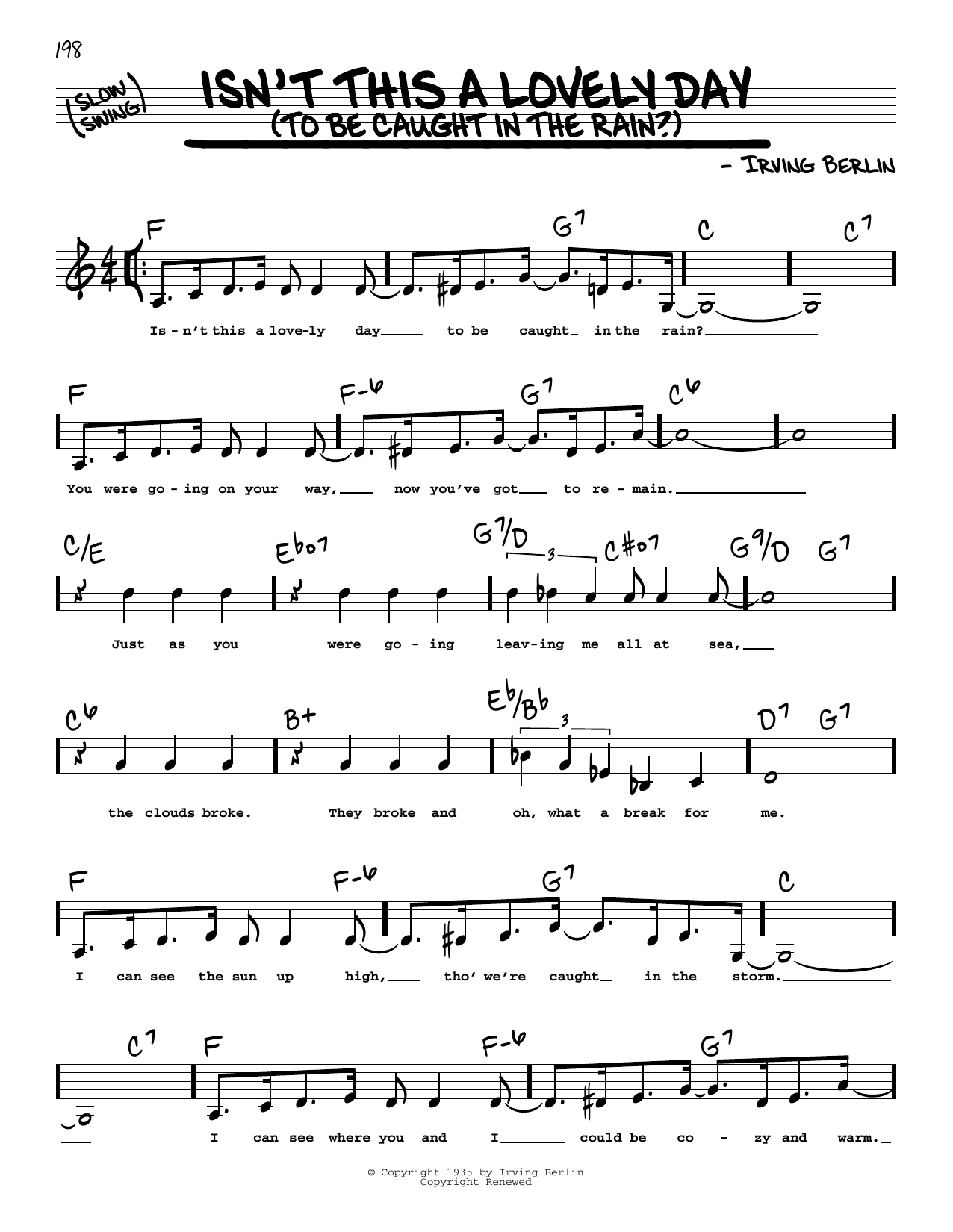 Irving Berlin Isn't This A Lovely Day (To Be Caught In The Rain?) (Low Voice) sheet music notes and chords arranged for Real Book – Melody, Lyrics & Chords
