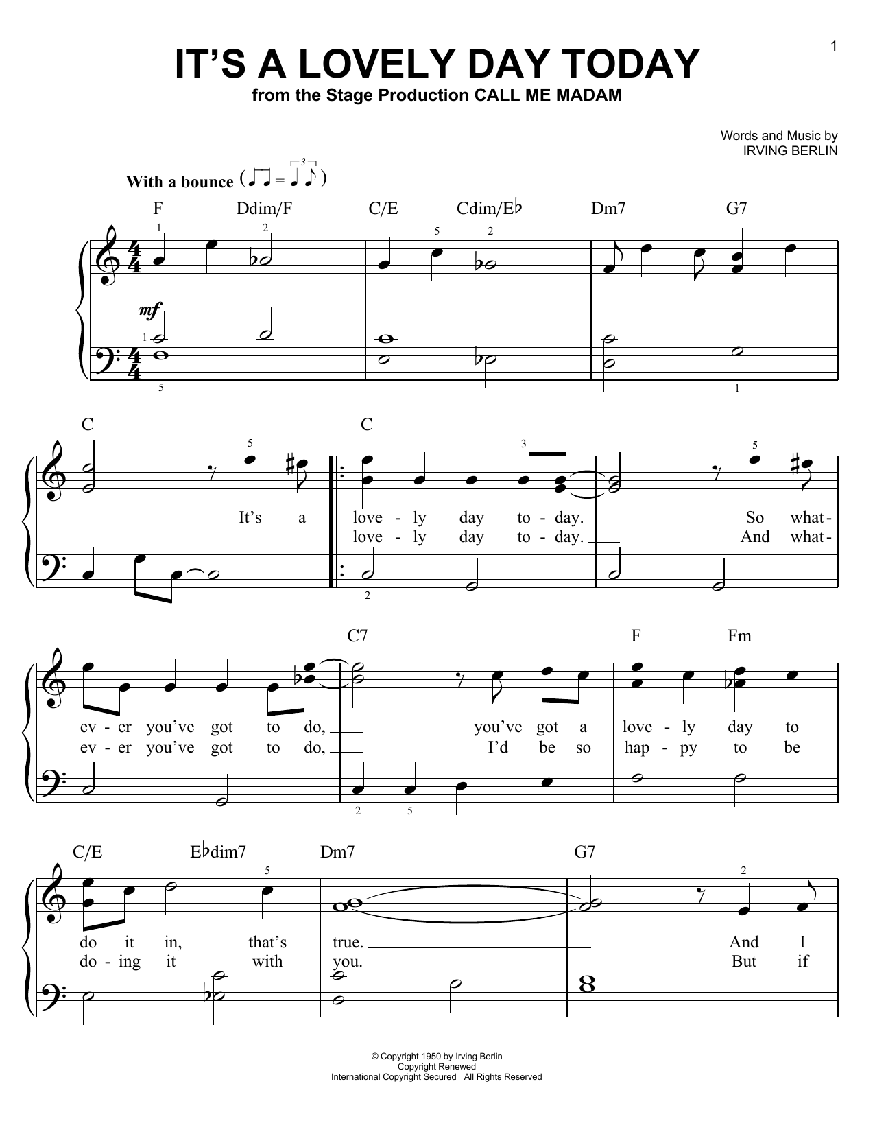 Irving Berlin It's A Lovely Day Today (from Call Me Madam) sheet music notes and chords arranged for Easy Piano Solo