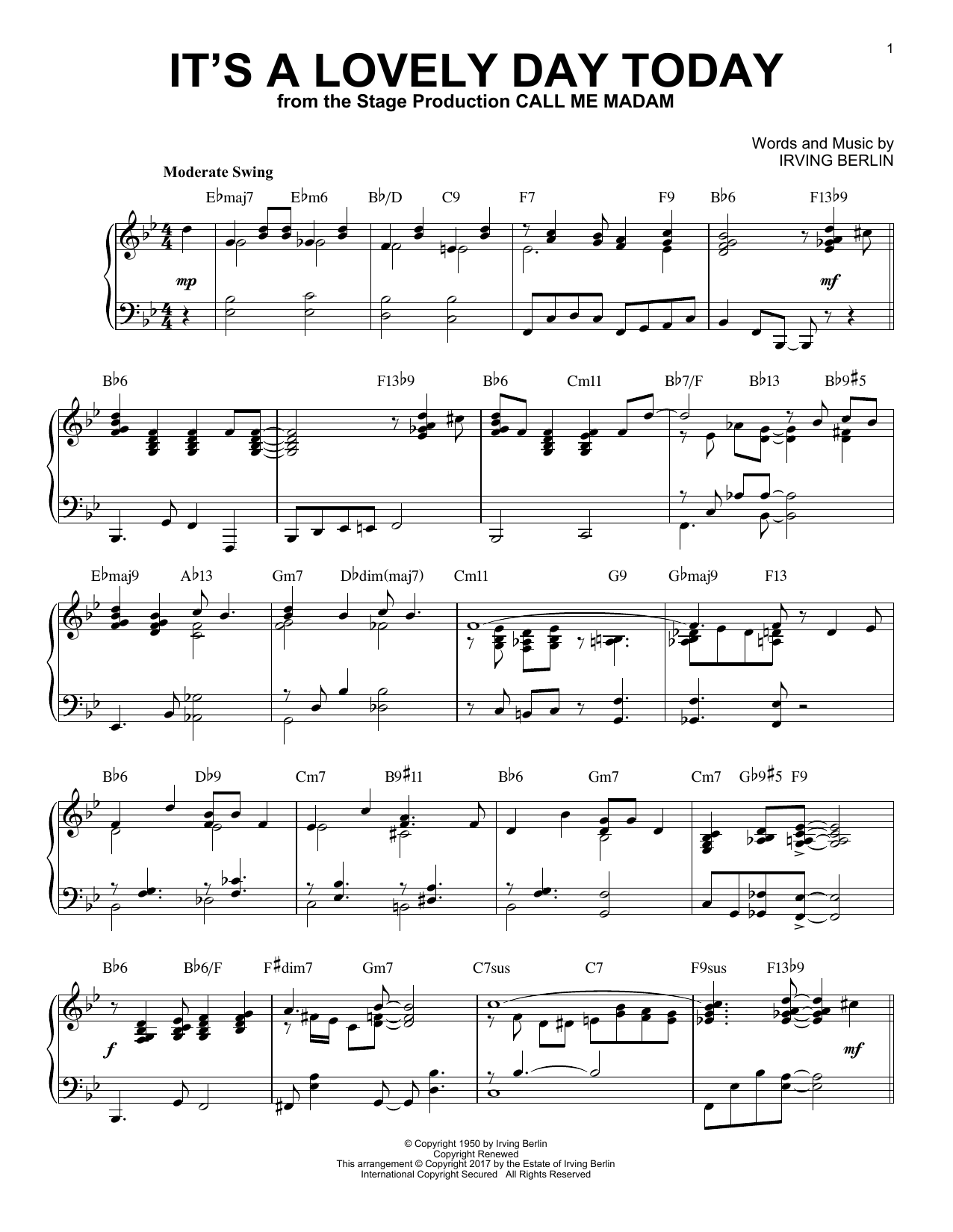Irving Berlin It's A Lovely Day Today [Jazz version] sheet music notes and chords arranged for Piano Solo