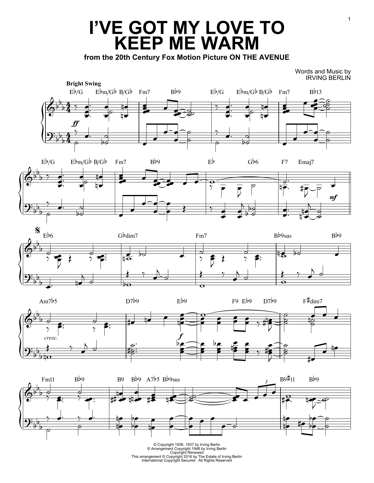 Irving Berlin I've Got My Love To Keep Me Warm [Jazz version] (arr. Brent Edstrom) sheet music notes and chords arranged for Piano Solo