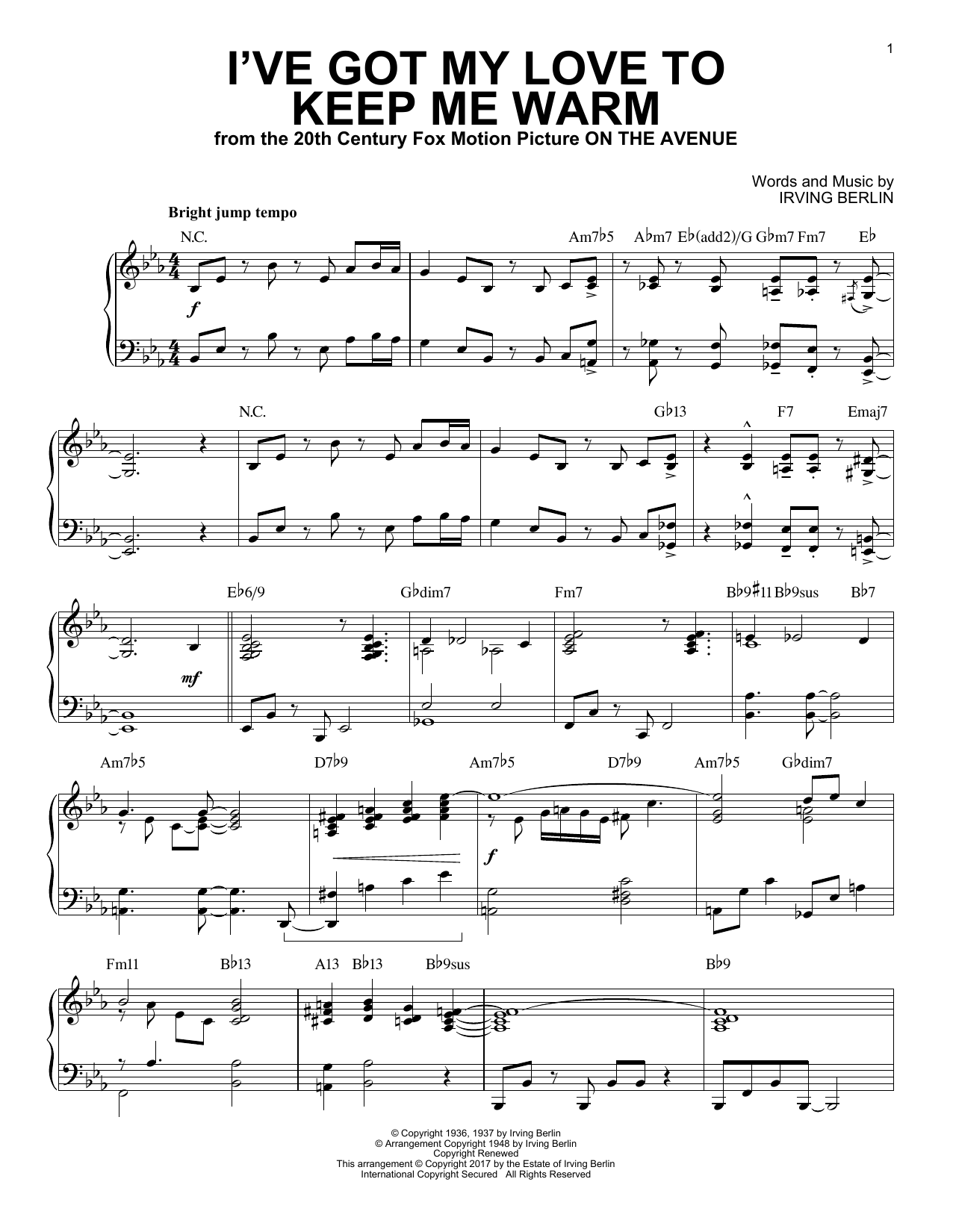 Irving Berlin I've Got My Love To Keep Me Warm [Jazz version] sheet music notes and chords arranged for Piano Solo